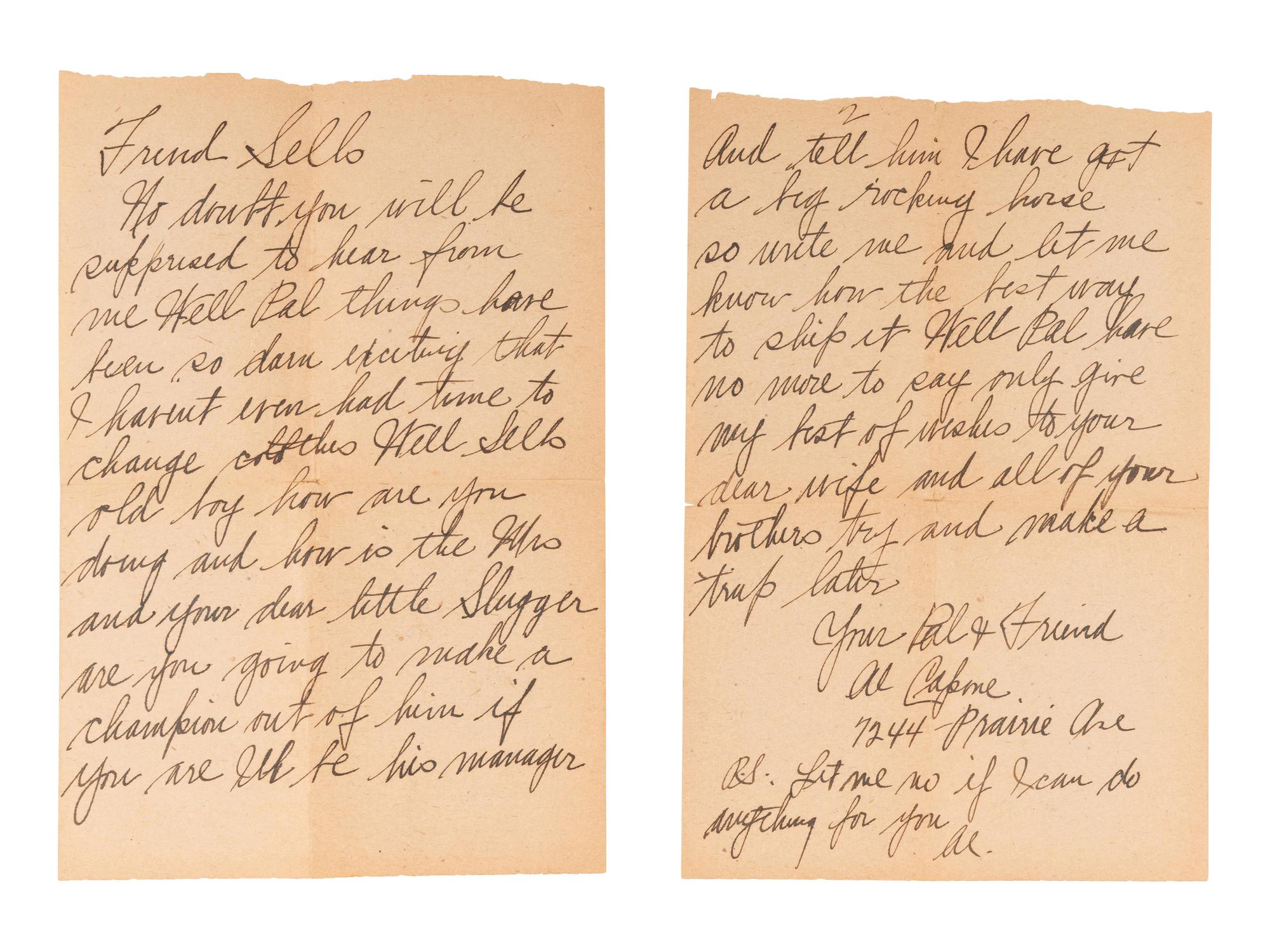 CAPONE, Alphonse ("Al") (1899-1947). Autograph letter signed twice ("Al Capone", "Al"), to Bill Sells ("Friend Sells") Chicago, IL, 14 January 1925.