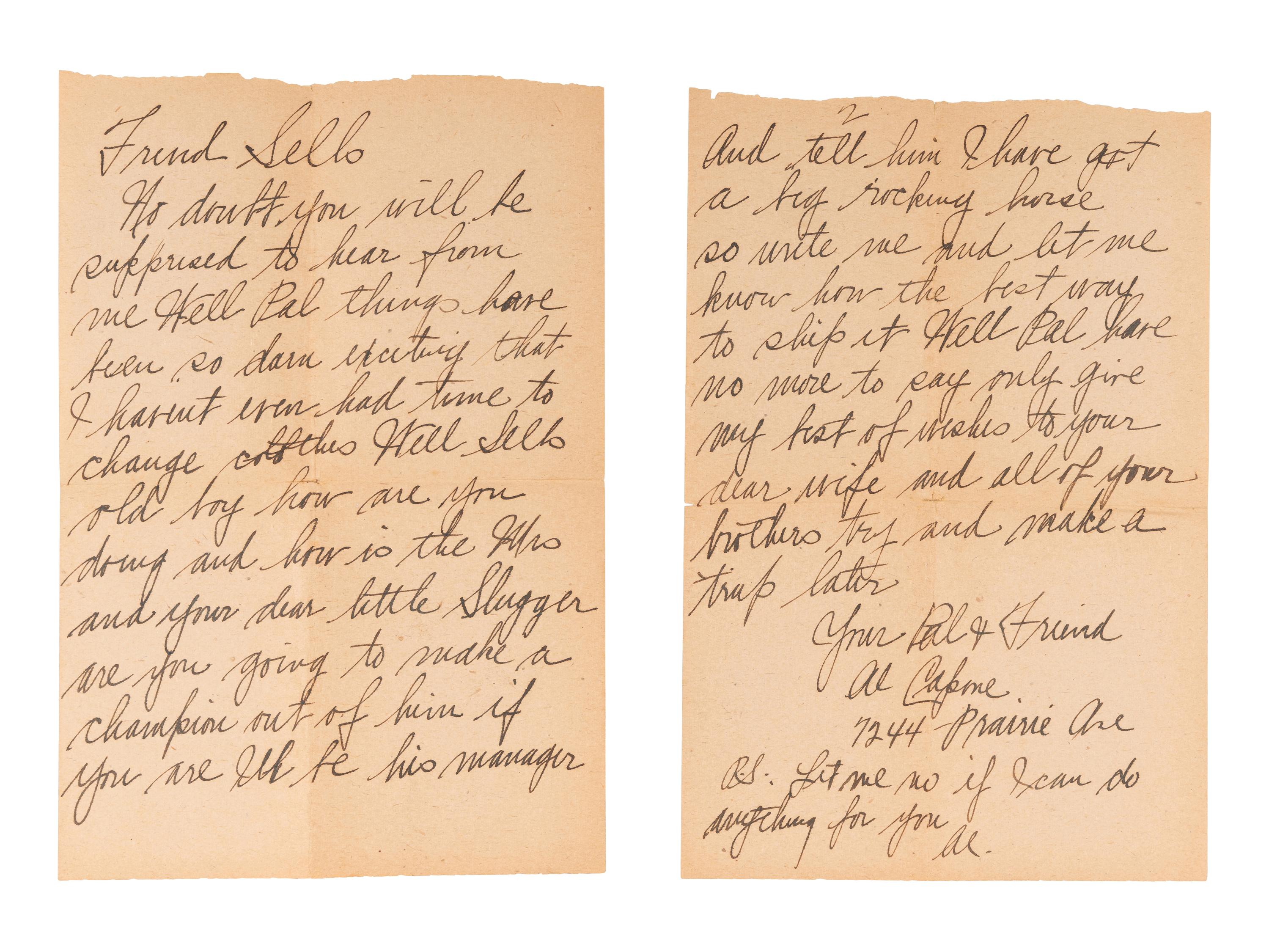 CAPONE, Alphonse ("Al") (1899-1947). Autograph letter signed twice ("Al Capone", "Al"), to Bill Sells ("Friend Sells") Chicago, IL, 14 January 1925.