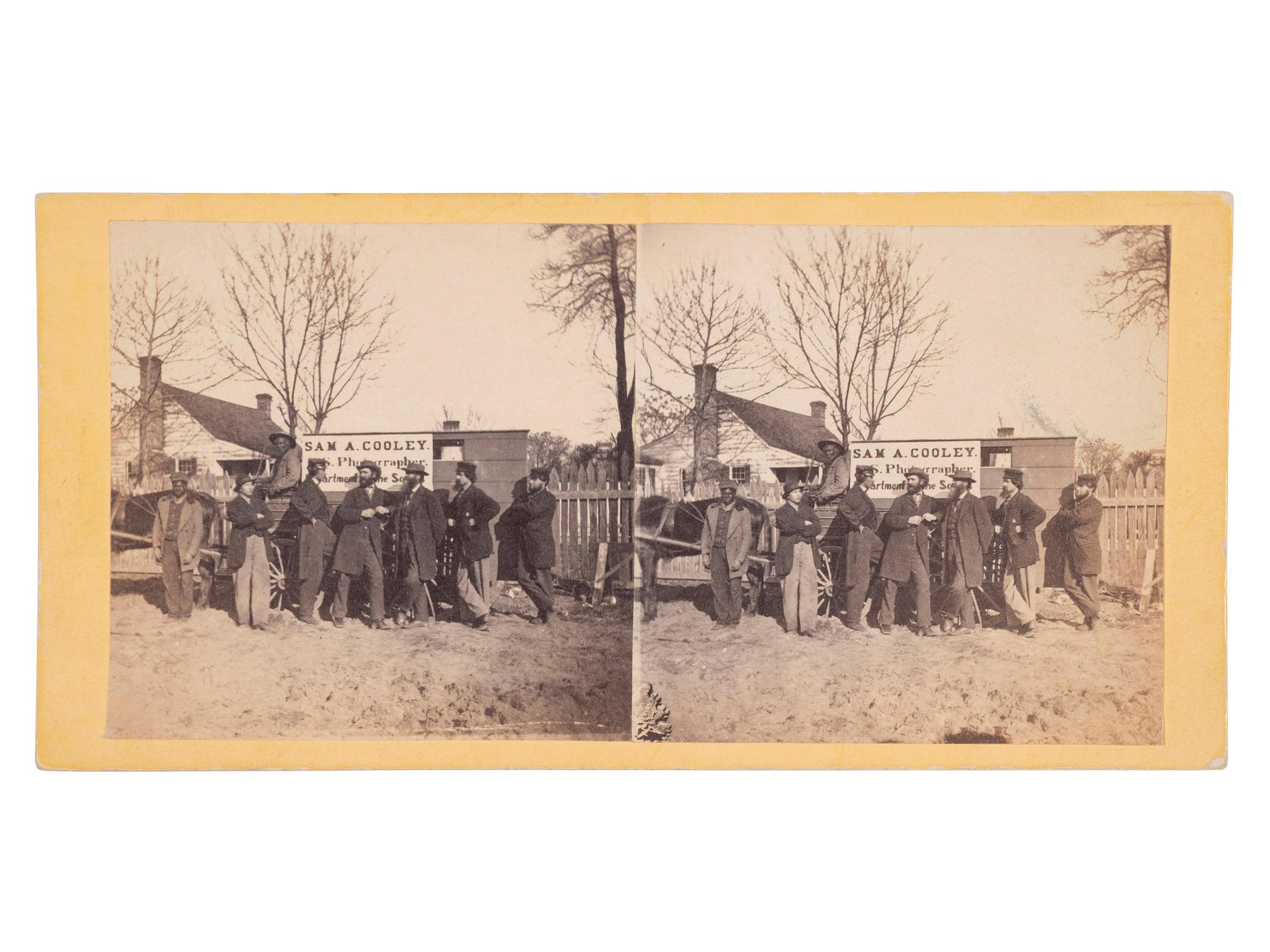 [CIVIL WAR]. COOLEY, Sam A., photographer. Exceptionally rare stereoview of photographer Sam A. Cooley and his staff in the field.