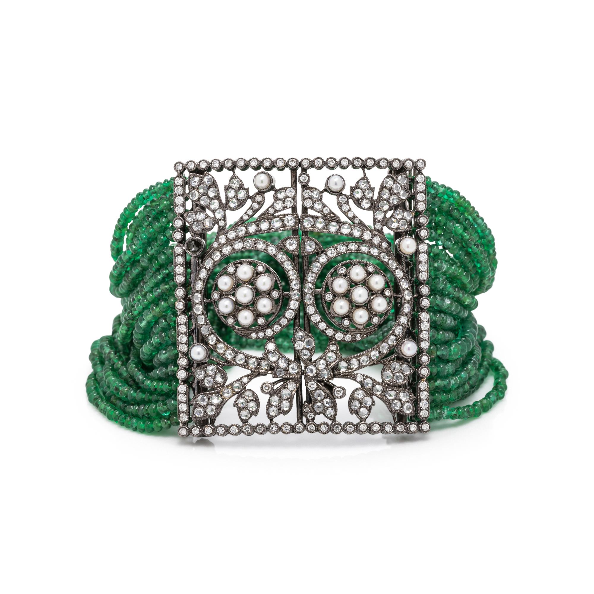 HOUSE OF TAYLOR, EMERALD, DIAMOND AND CULTURED PEARL MULTISTRAND BRACELET