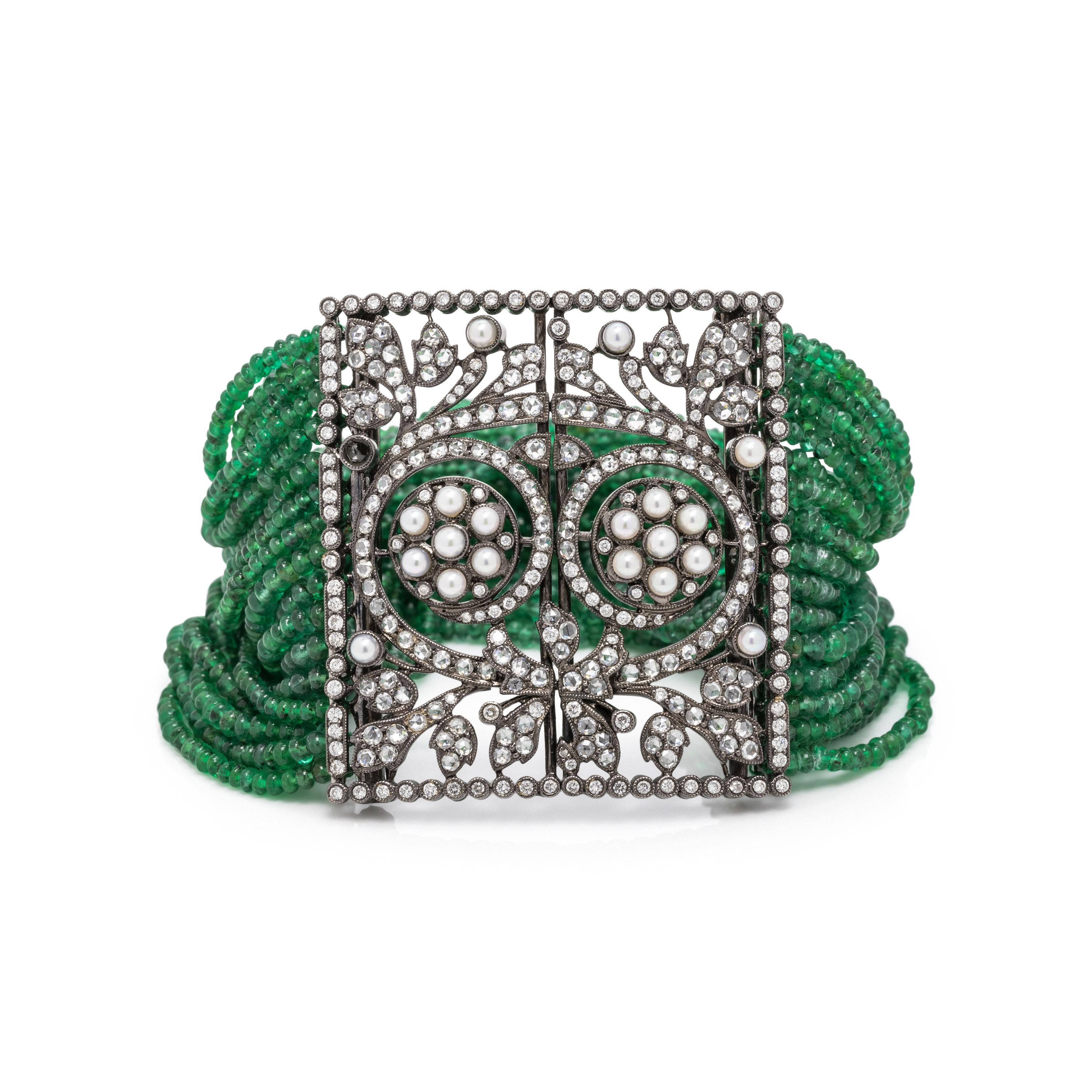 HOUSE OF TAYLOR, EMERALD, DIAMOND AND CULTURED PEARL MULTISTRAND BRACELET
