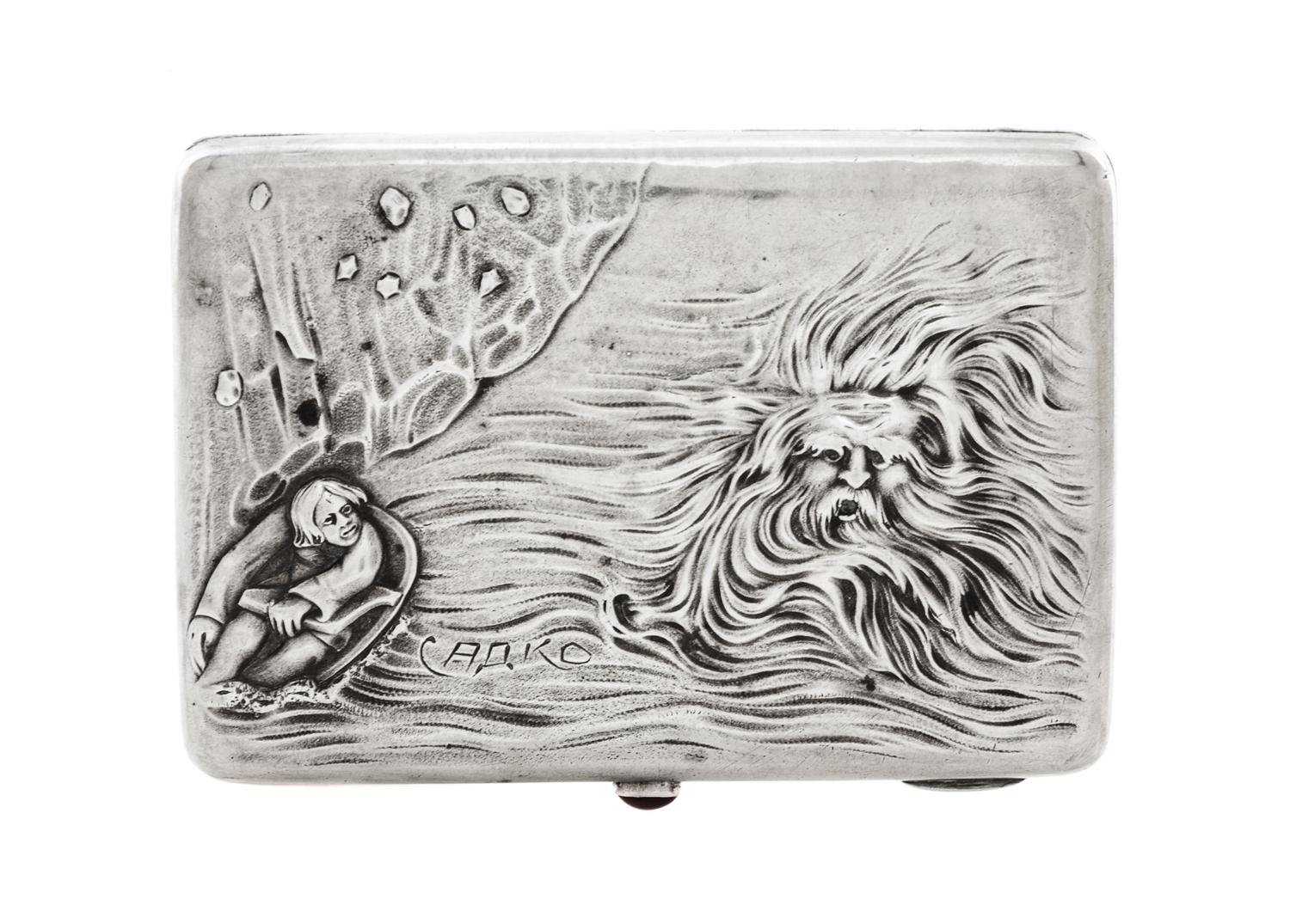 A Russian Silver Cigarette Case, Maker's mark Cyrillic EF, Moscow, the lid worked with a scene from the story of Sadko and engraved SAD
