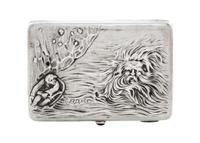 A Russian Silver Cigarette Case, Maker's mark Cyrillic EF, Moscow, the lid worked with a scene from the story of Sadko and engraved SAD