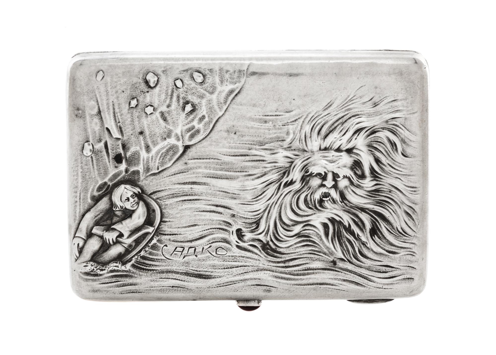 A Russian Silver Cigarette Case, Maker's mark Cyrillic EF, Moscow, the lid worked with a scene from the story of Sadko and engraved SAD