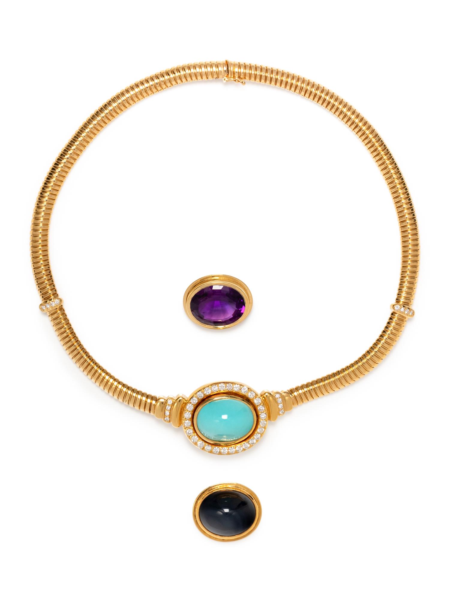YELLOW GOLD, DIAMOND AND MULTIGEM CONVERTIBLE NECKLACE