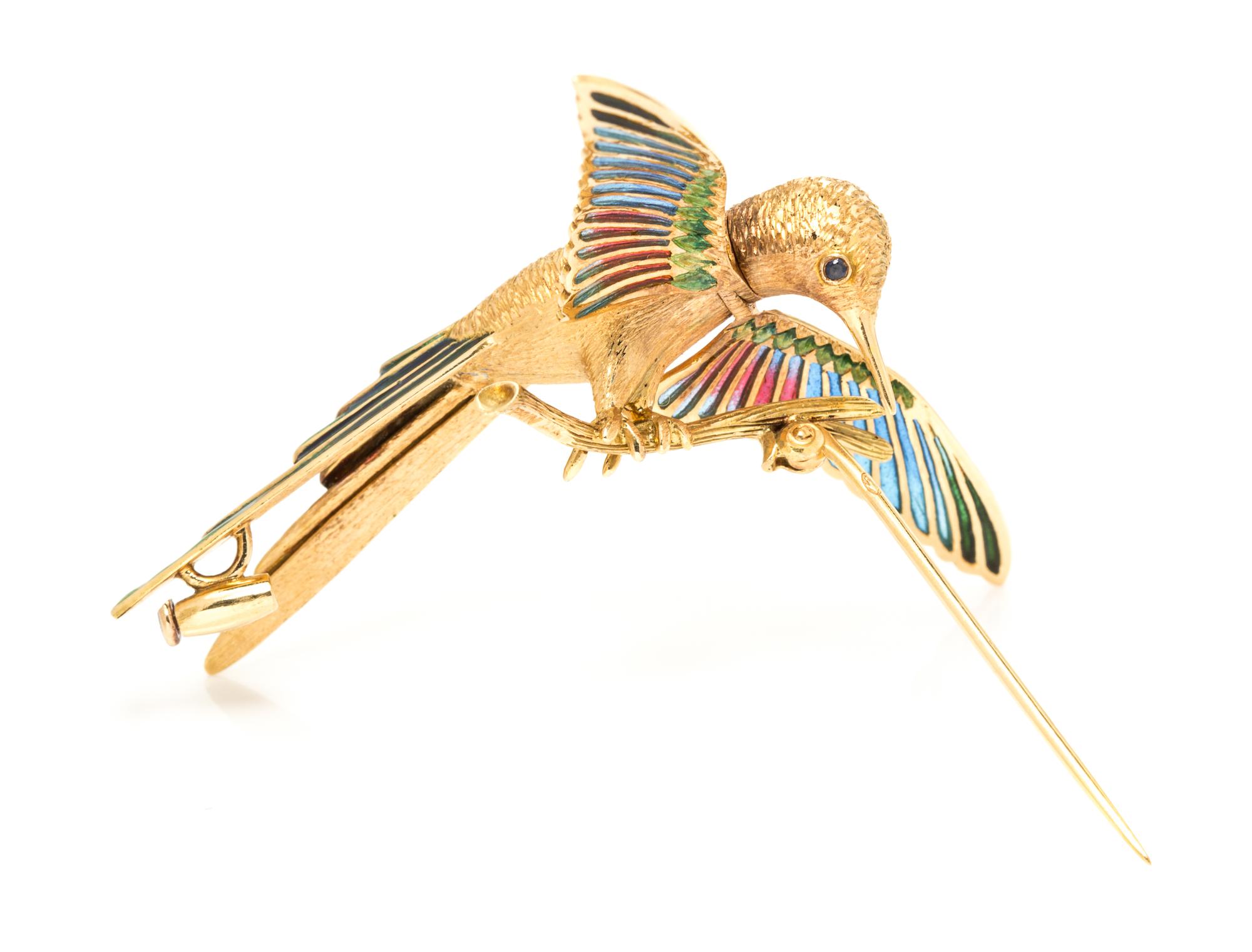 An 18 Karat Yellow Gold and Plique-a-Jour Articulated Hummingbird Brooch, 9.90 dwts.