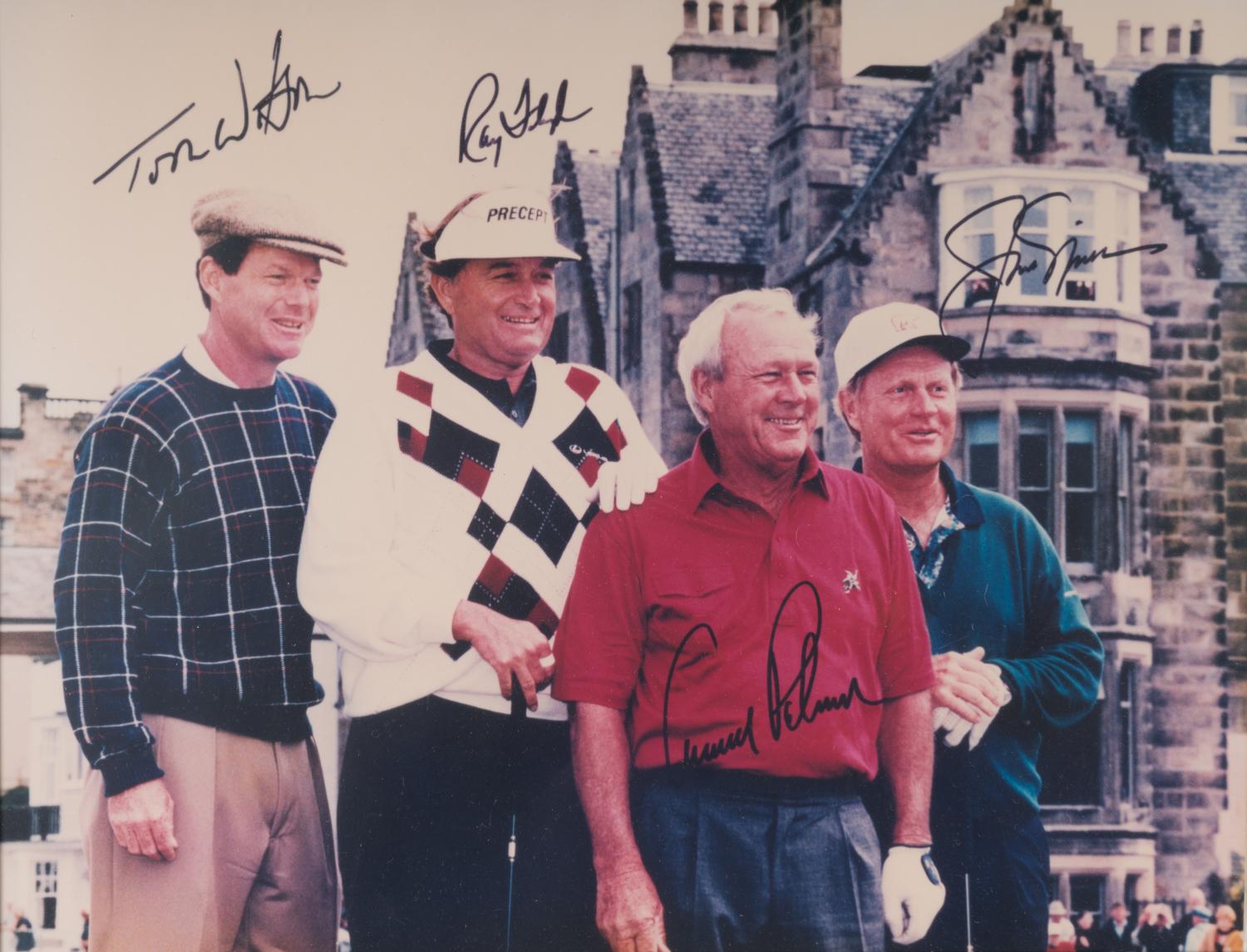 A Jack Nicklaus, Arnold Palmer, Ray Floyd and Tom Watson Signed Autograph British Open Framed Photograph,