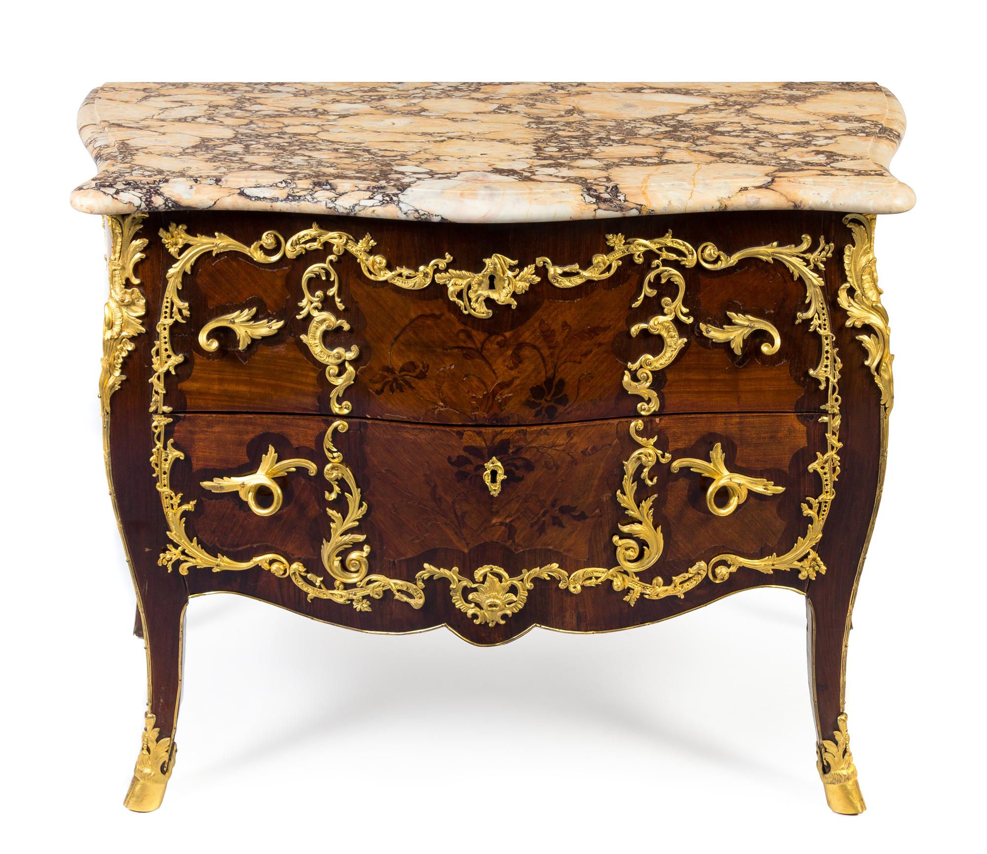 A Louis XV Gilt Bronze Mounted Marquetry Commode Height 32 x width 42 x depth 21 inches. — LATE 18TH/EARLY 19TH CENTURY