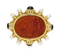 An 18 Karat Yellow Gold, Glass Cameo, Cultured Pearl, Chrome Diopside and Mother-of-Pearl Pendant/Brooch, 25.20 dwts.