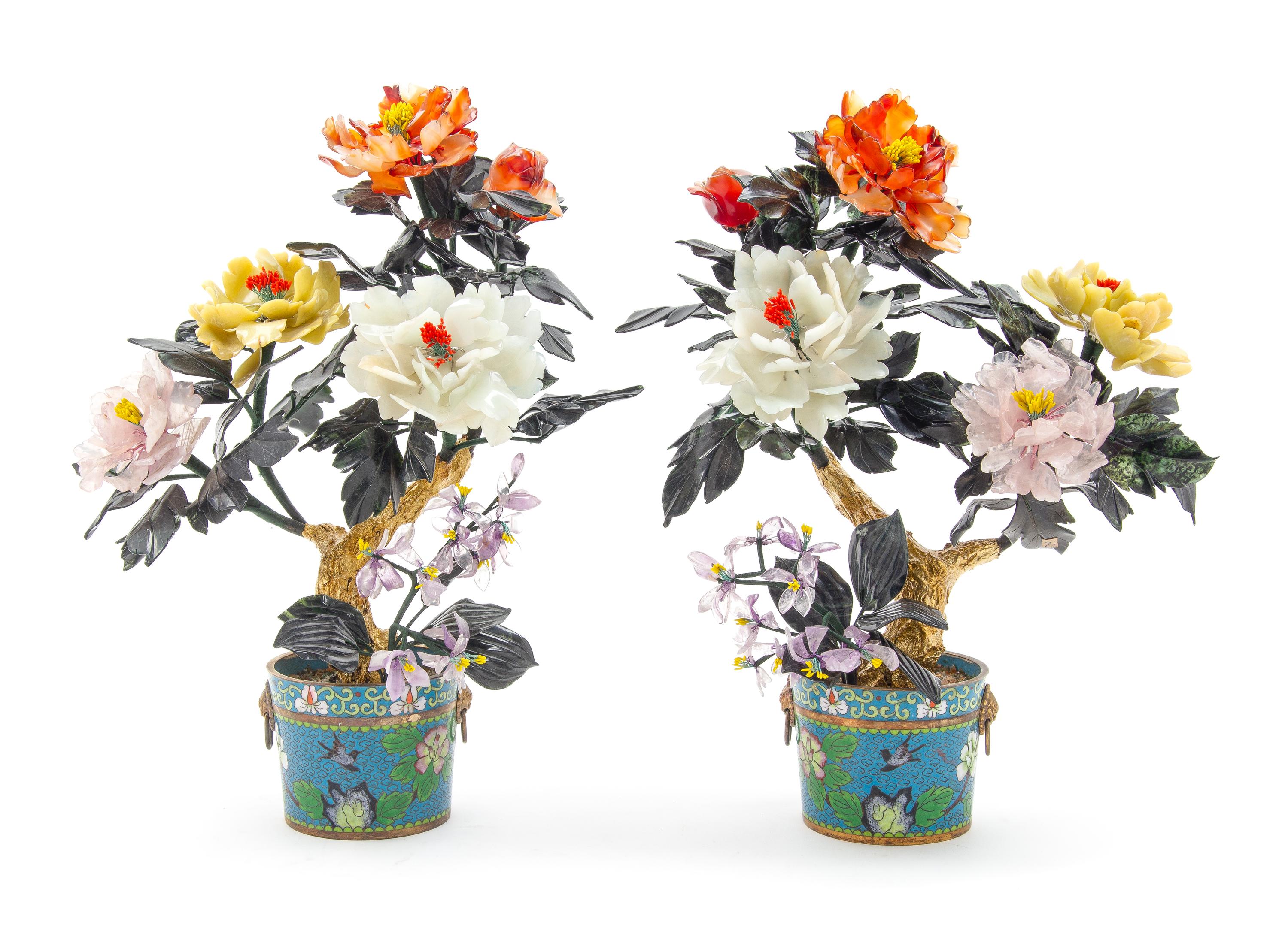 A Pair of Chinese Hardstone Floral Arrangements Height 16 1/2 inches. — 20TH CENTURY