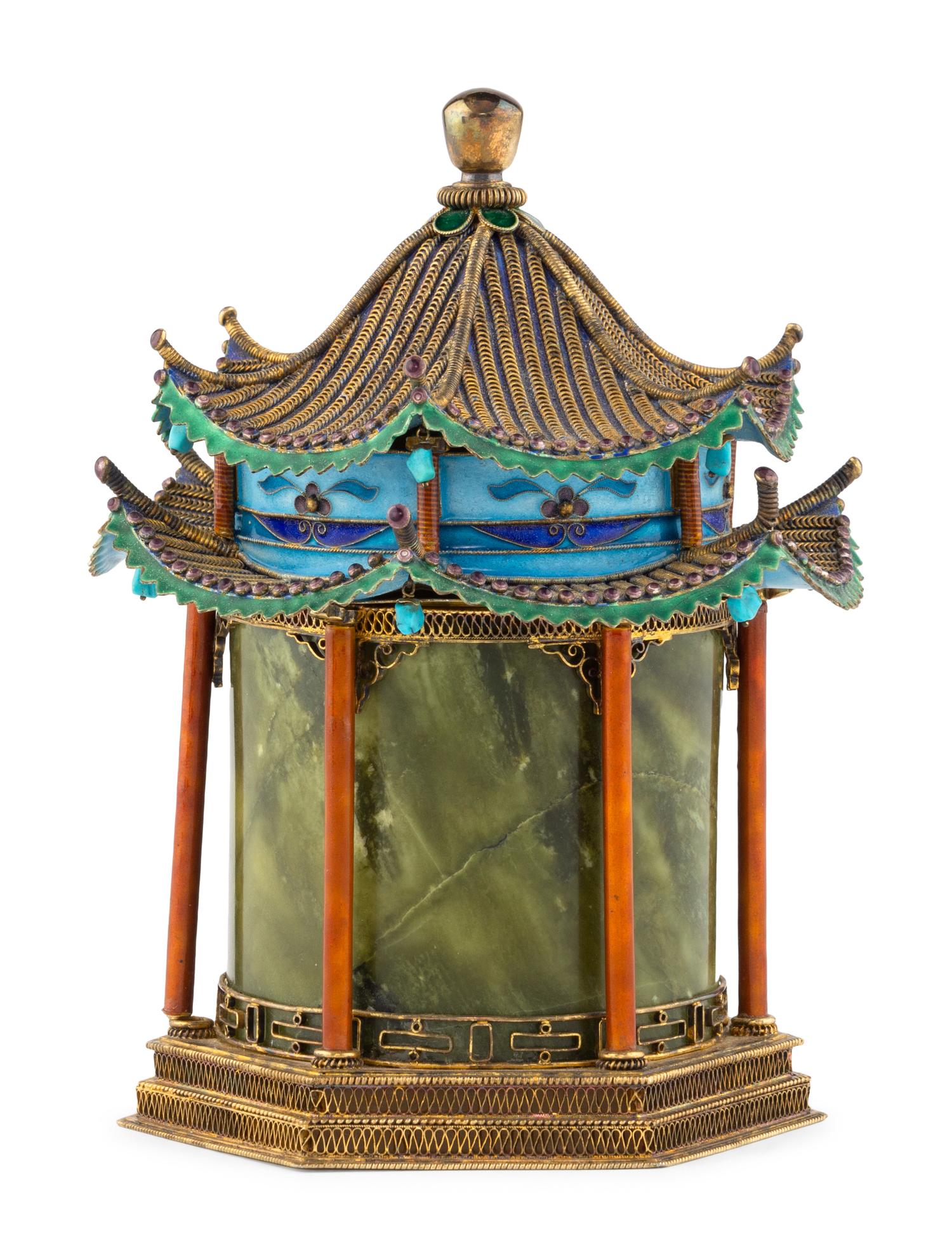 A Chinese Enameled and Hardstone Pagoda-Form Box