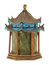 A Chinese Enameled and Hardstone Pagoda-Form Box