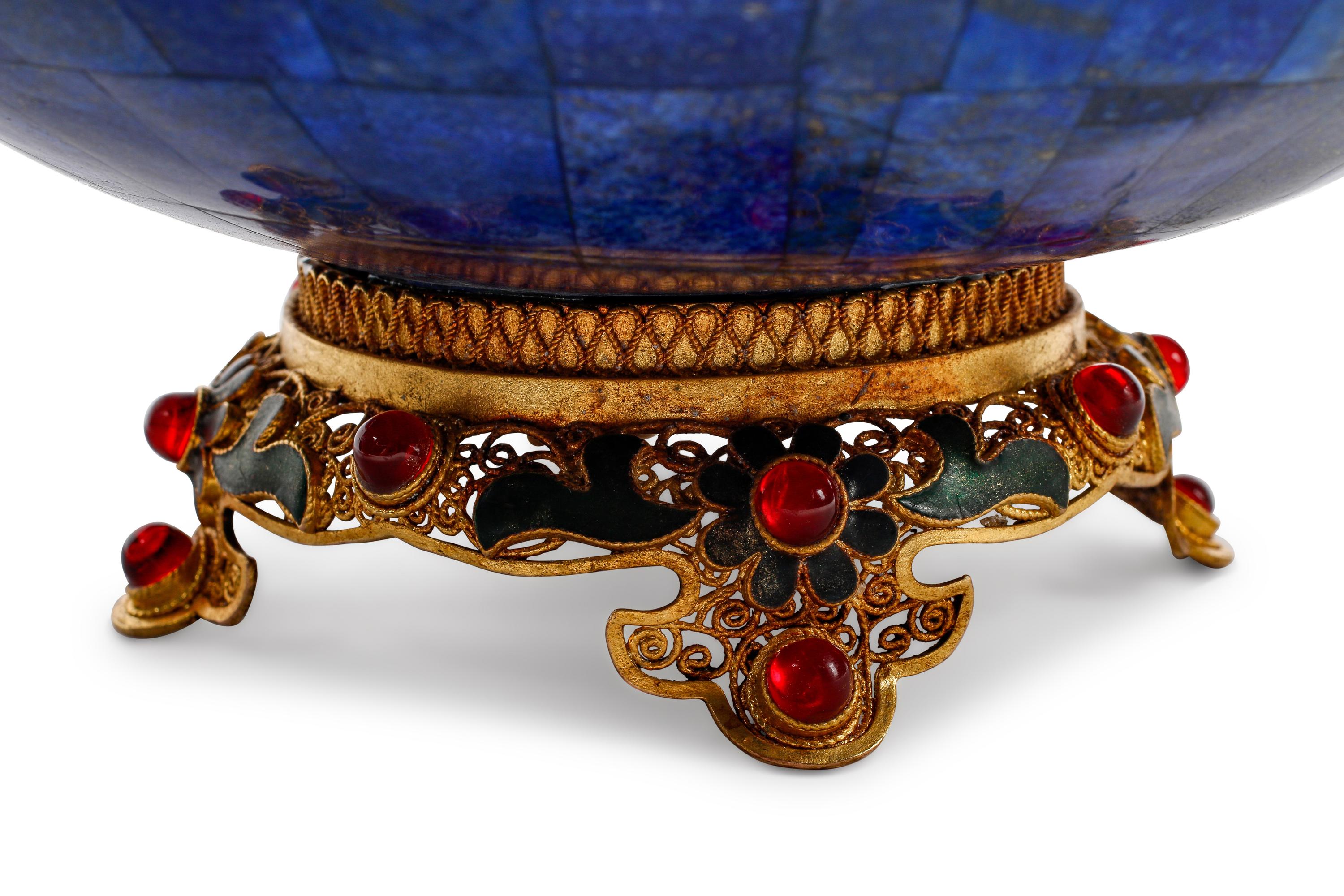 A Pair of Lapis Lazuli Bowls on Jeweled Filigree Bases
