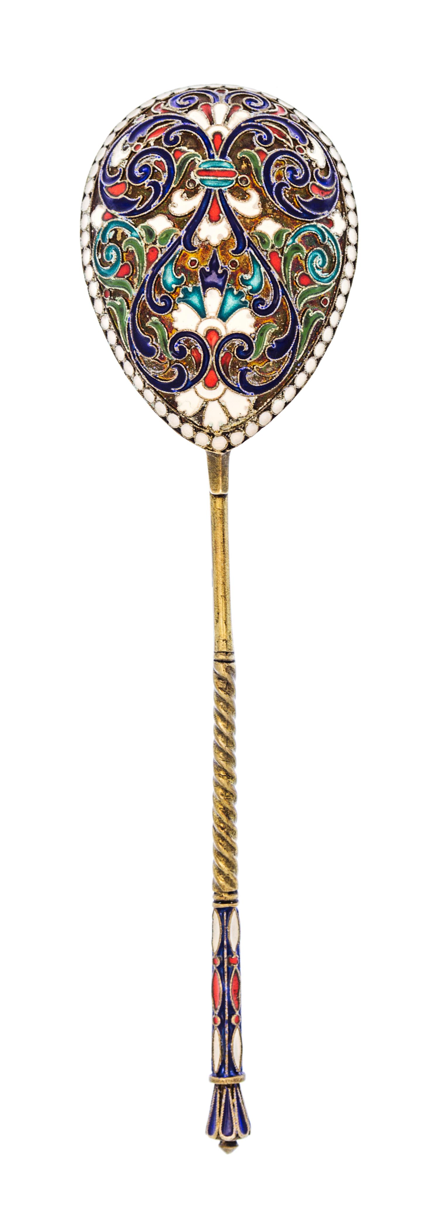 A Russian Enameled Silver-Gilt Spoon, Vasily Agafonov, Moscow, 19th/20th Century, having a twist handle, the bowl having polychrome fol
