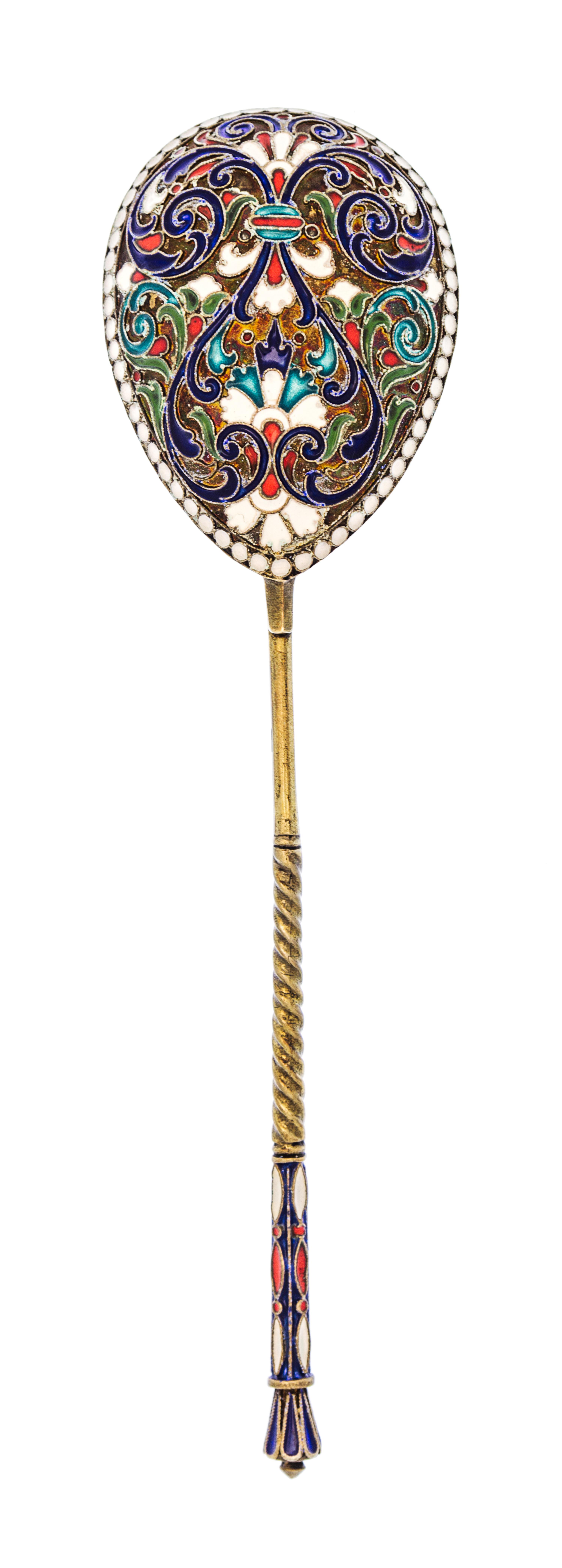 A Russian Enameled Silver-Gilt Spoon, Vasily Agafonov, Moscow, 19th/20th Century, having a twist handle, the bowl having polychrome fol