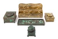 Tiffany Studios, a set of four Grapevine pattern desk articles, with an associated small covered inkwell