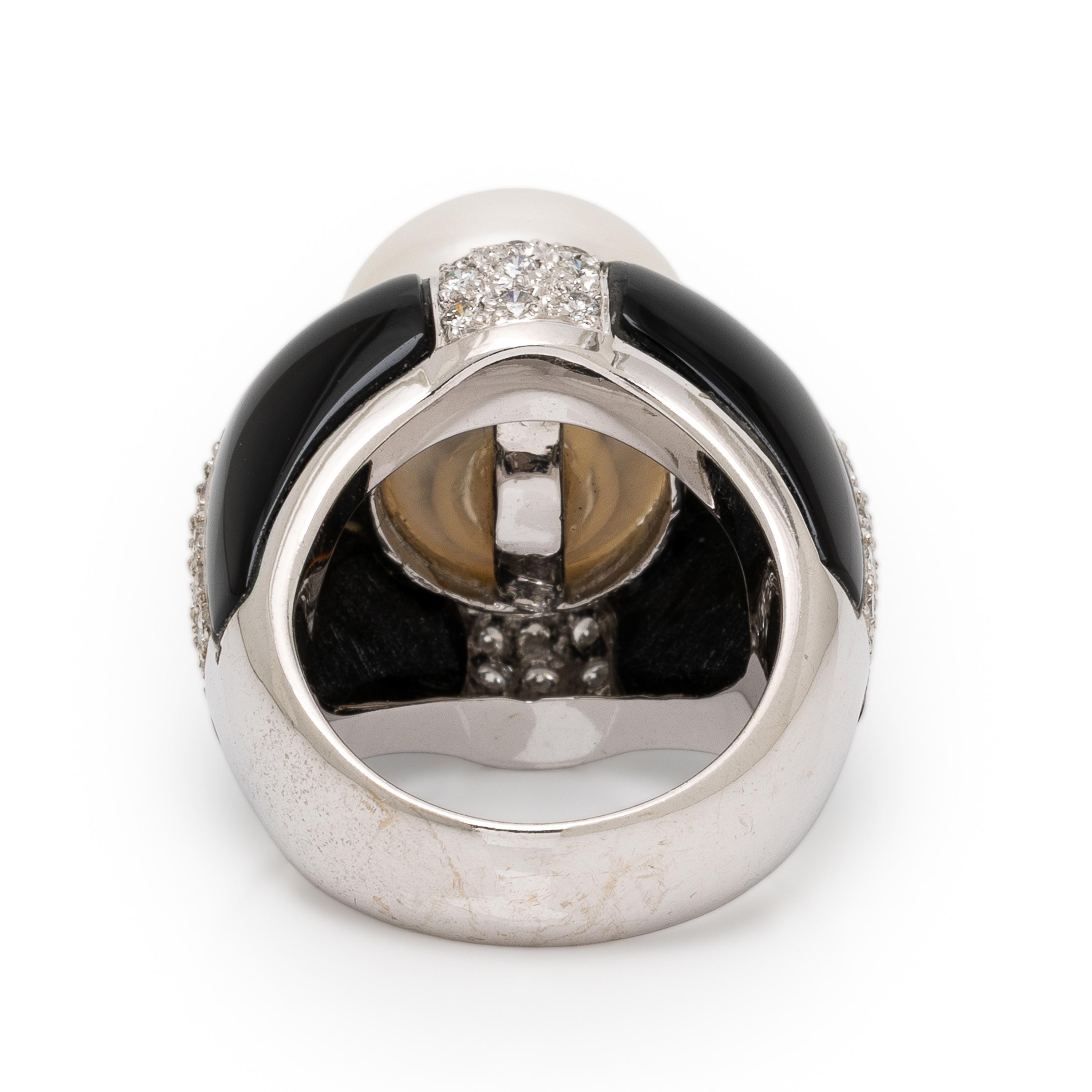 Onyx, Diamond, and Cultured Pearl Ring