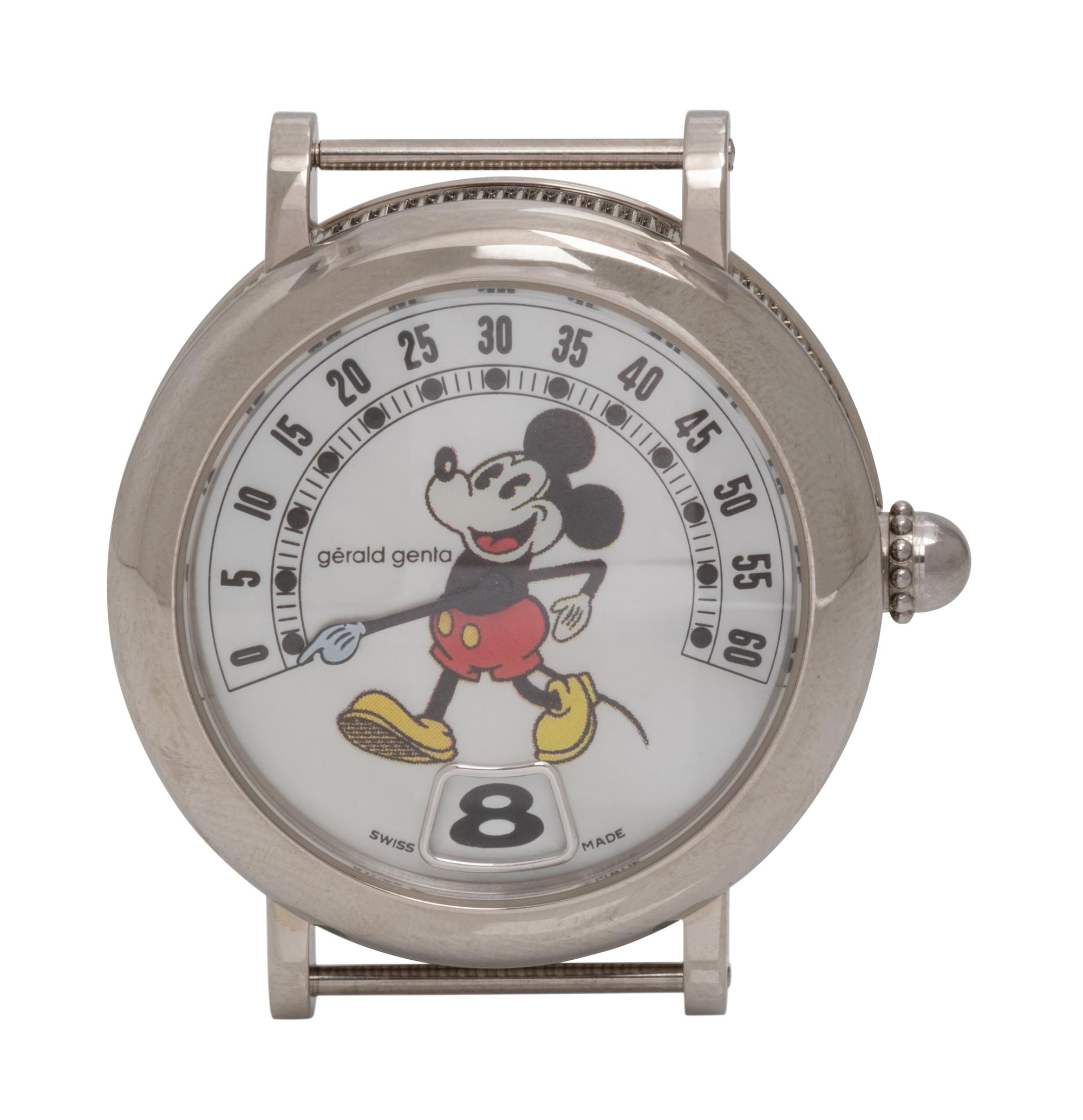 GERALD GENTA, STAINLESS STEEL RETROGRADE JUMP HOUR 'MICKEY MOUSE' WATCH