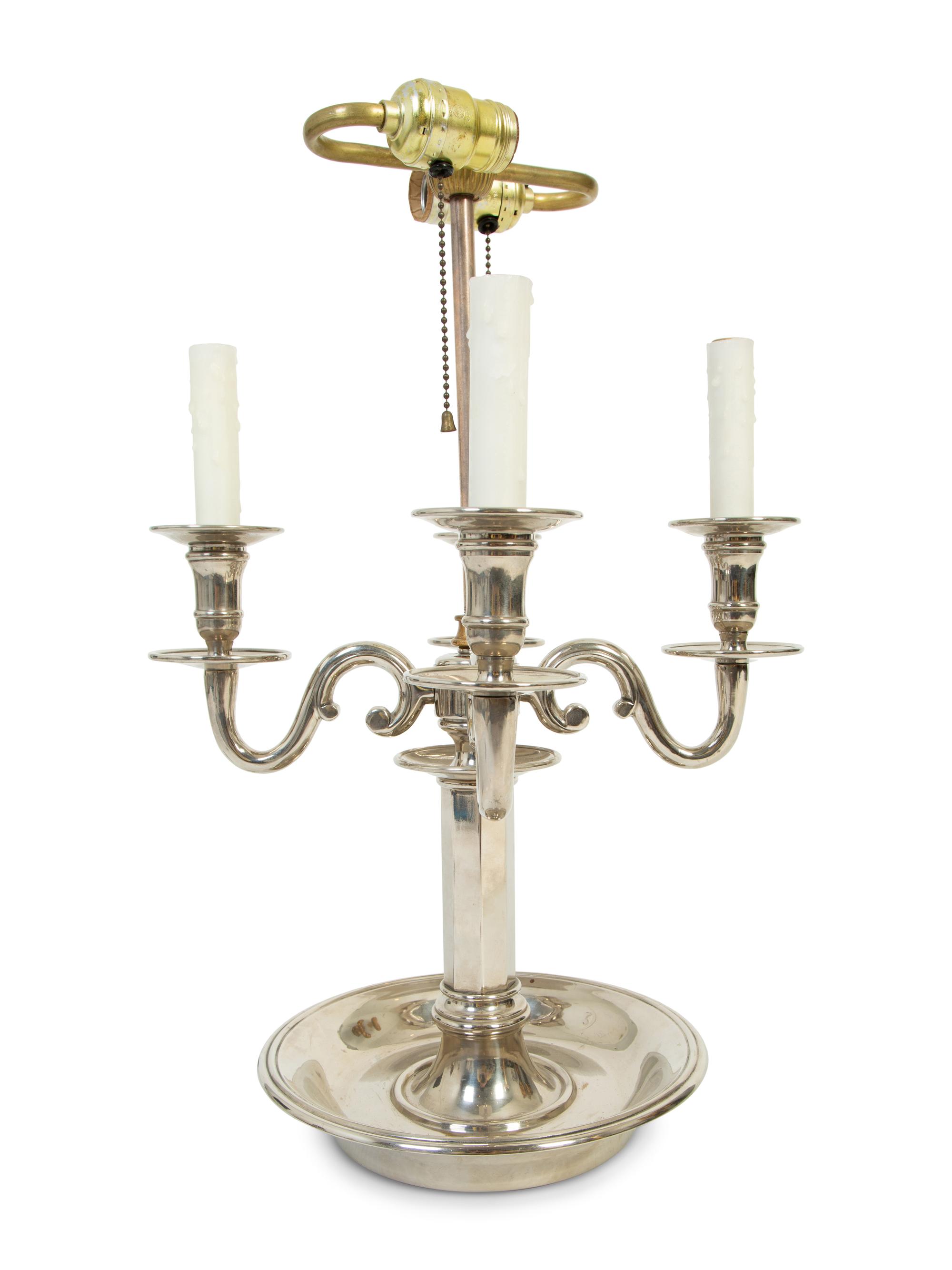 A French Silvered Brass Four-Arm Bouillotte Lamp with a Tole Shade