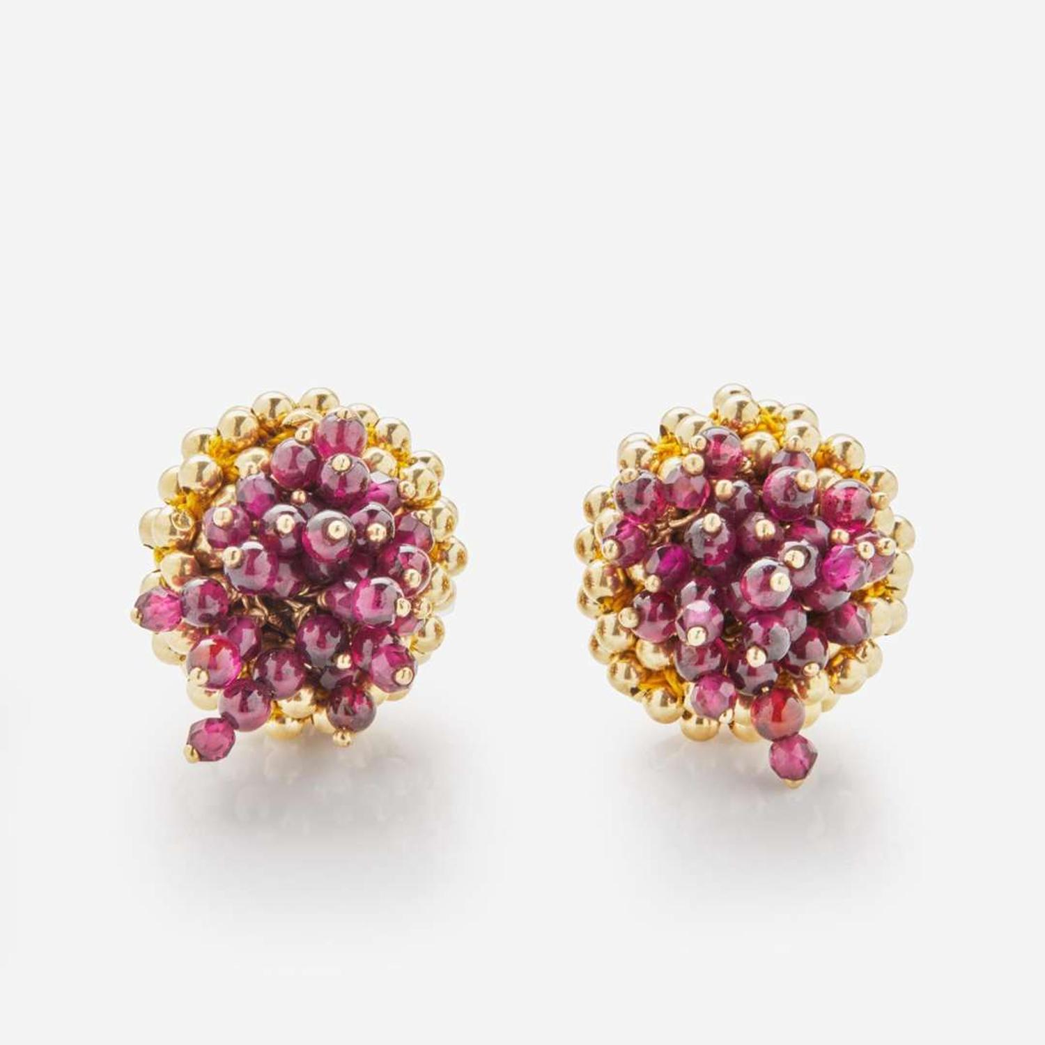 A Matching Set of Garnet and 14K Yellow Gold Bracelets and Earrings
