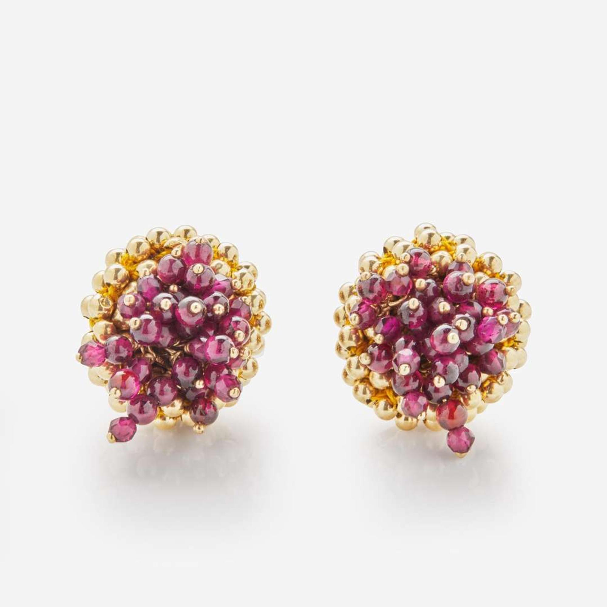 A Matching Set of Garnet and 14K Yellow Gold Bracelets and Earrings