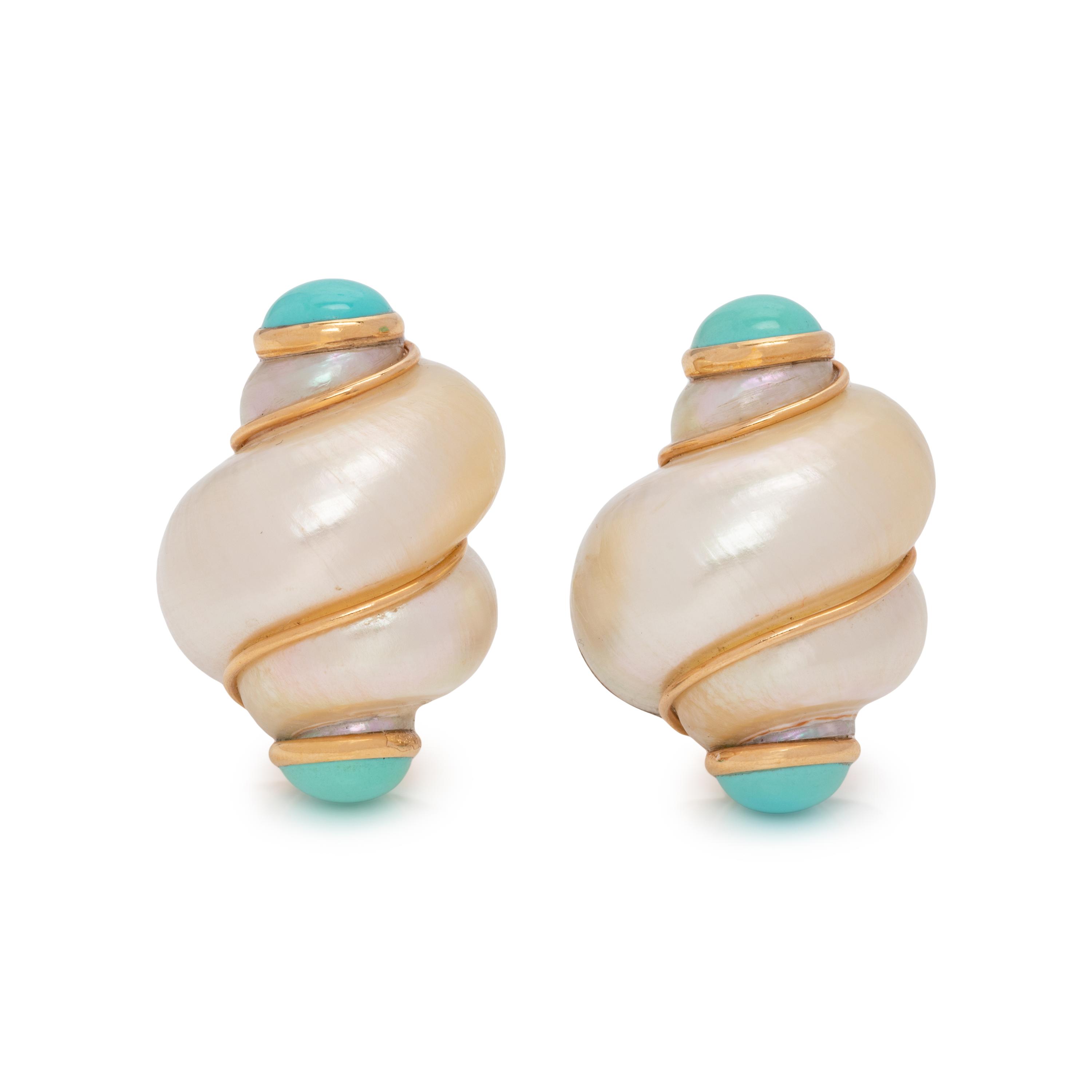 MAZ, SHELL AND TURQUOISE EARCLIPS