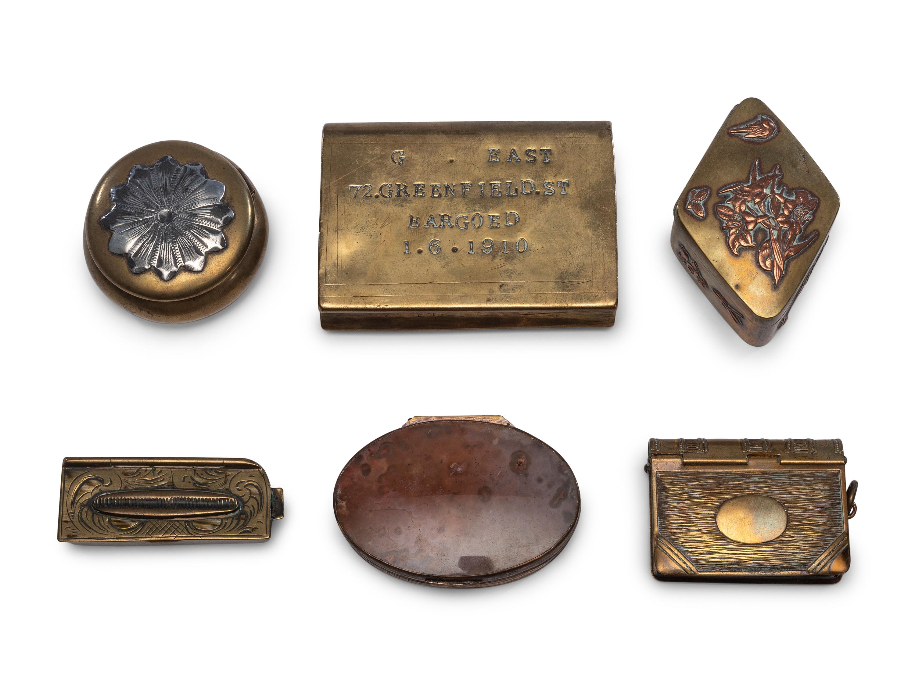 Six Brass Snuff Boxes and Match Safes