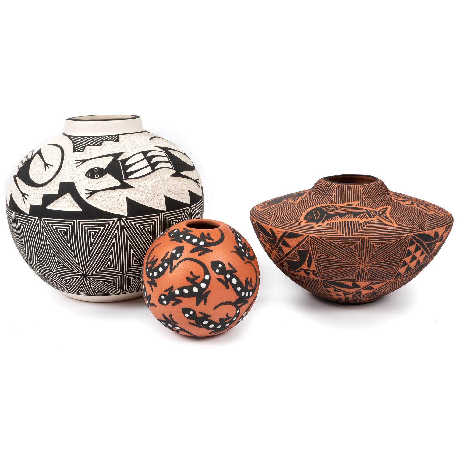 Acoma Pottery Jars, with Reptiles and Animals