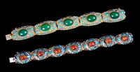 Two Chinese Hardstone Inset Bracelets Length of longest 7 1/4 inches.