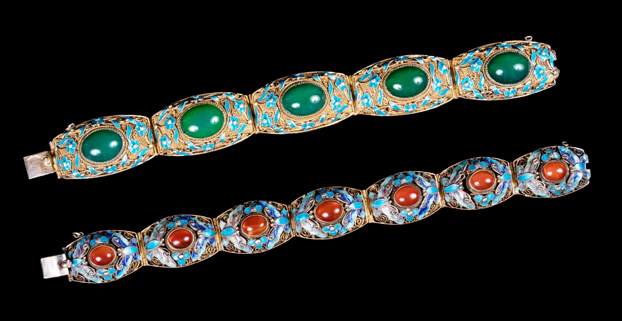 Two Chinese Hardstone Inset Bracelets Length of longest 7 1/4 inches.