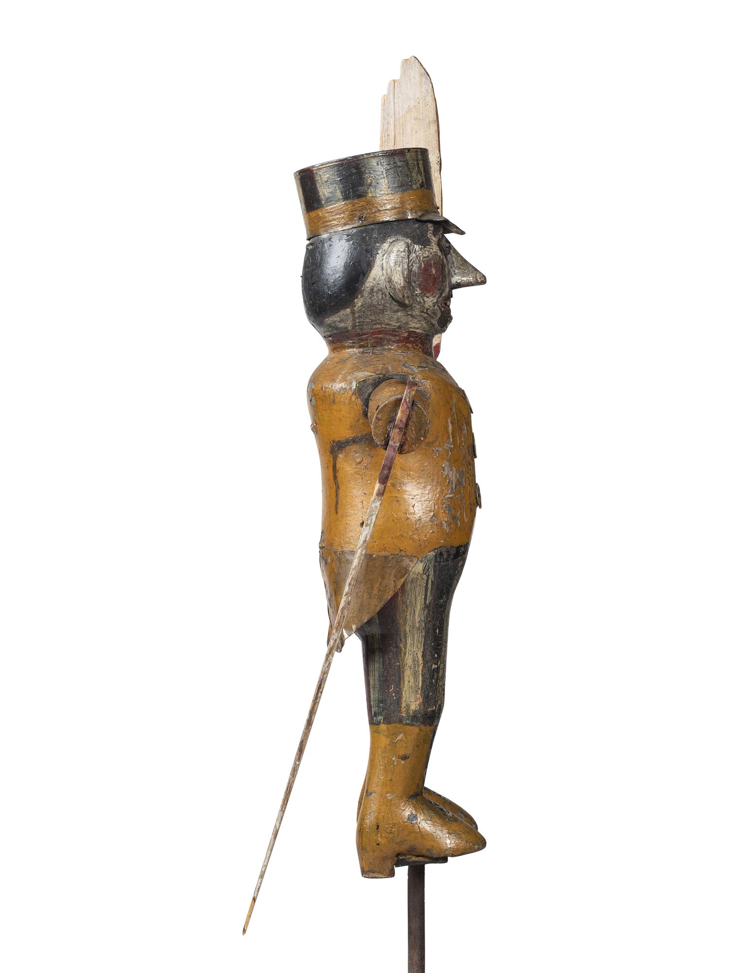A Carved and Painted Wood and Sheet-Tin Circus Ringmaster Whirligig