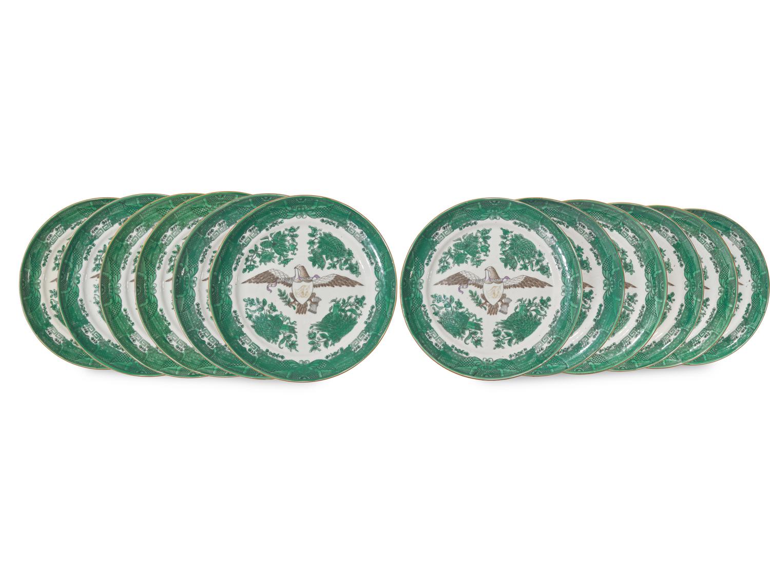 A Set Of Twelve Chinese Export Green Fitzhugh Eagle Decorated Plates