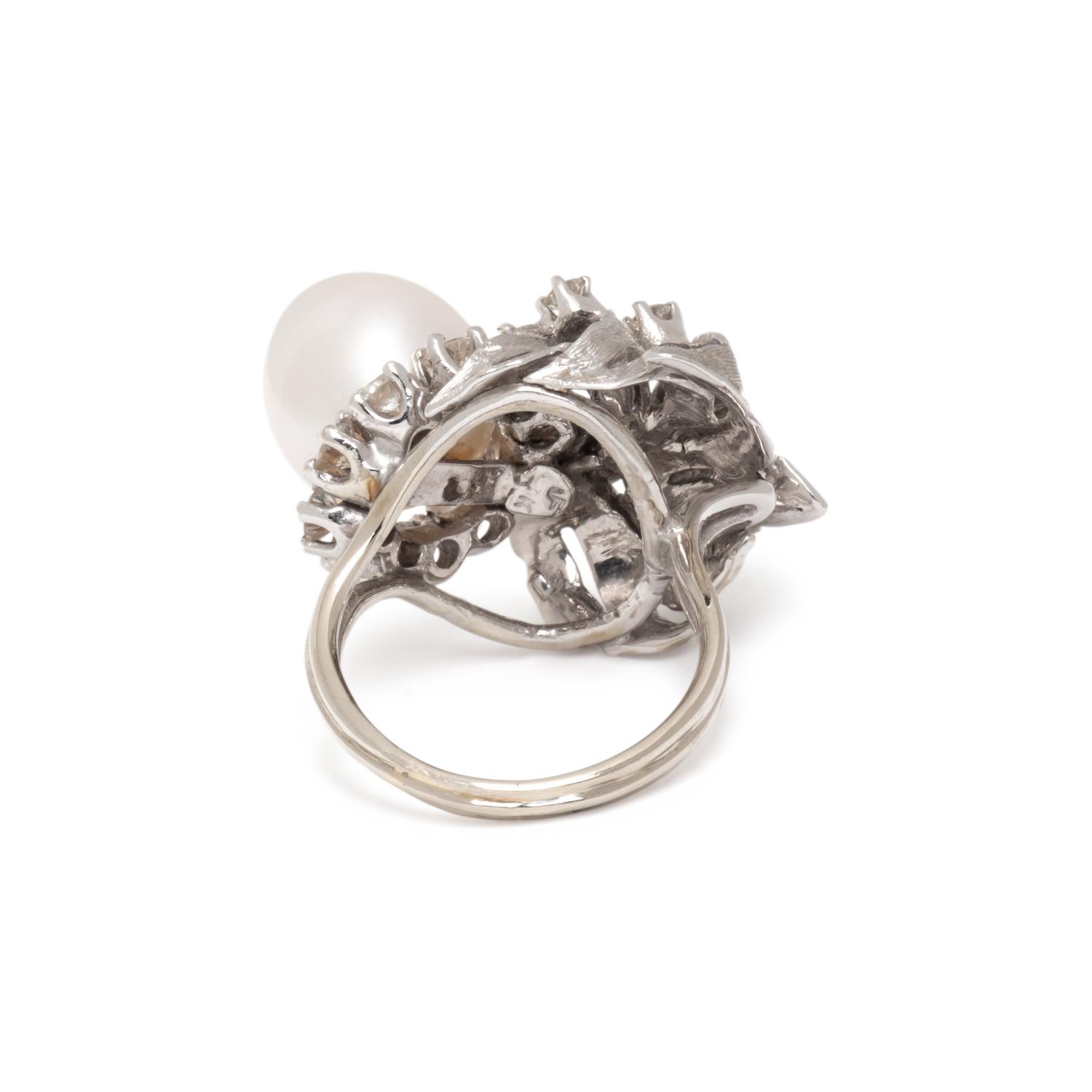 CULTURED PEARL, DIAMOND, AND WHITE GOLD RING