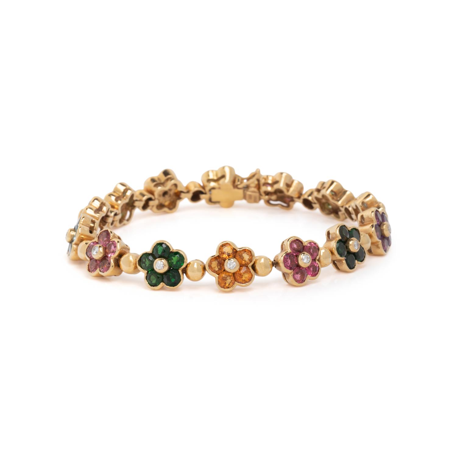 YELLOW GOLD, DIAMOND, AND MULTIGEM FLOWER BRACELET