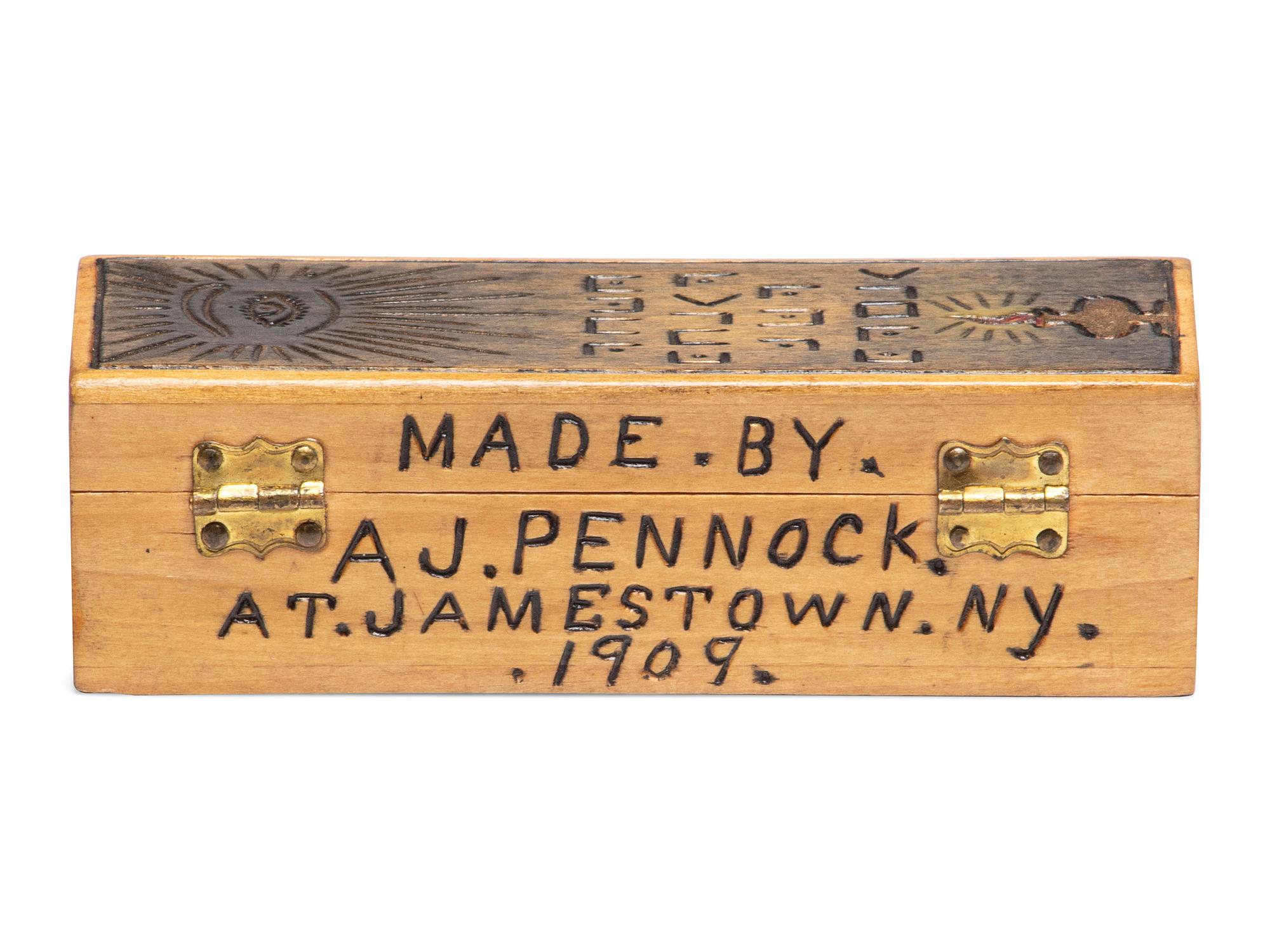 A Carved and Painted Wood Valuables Box with Masonic Interest