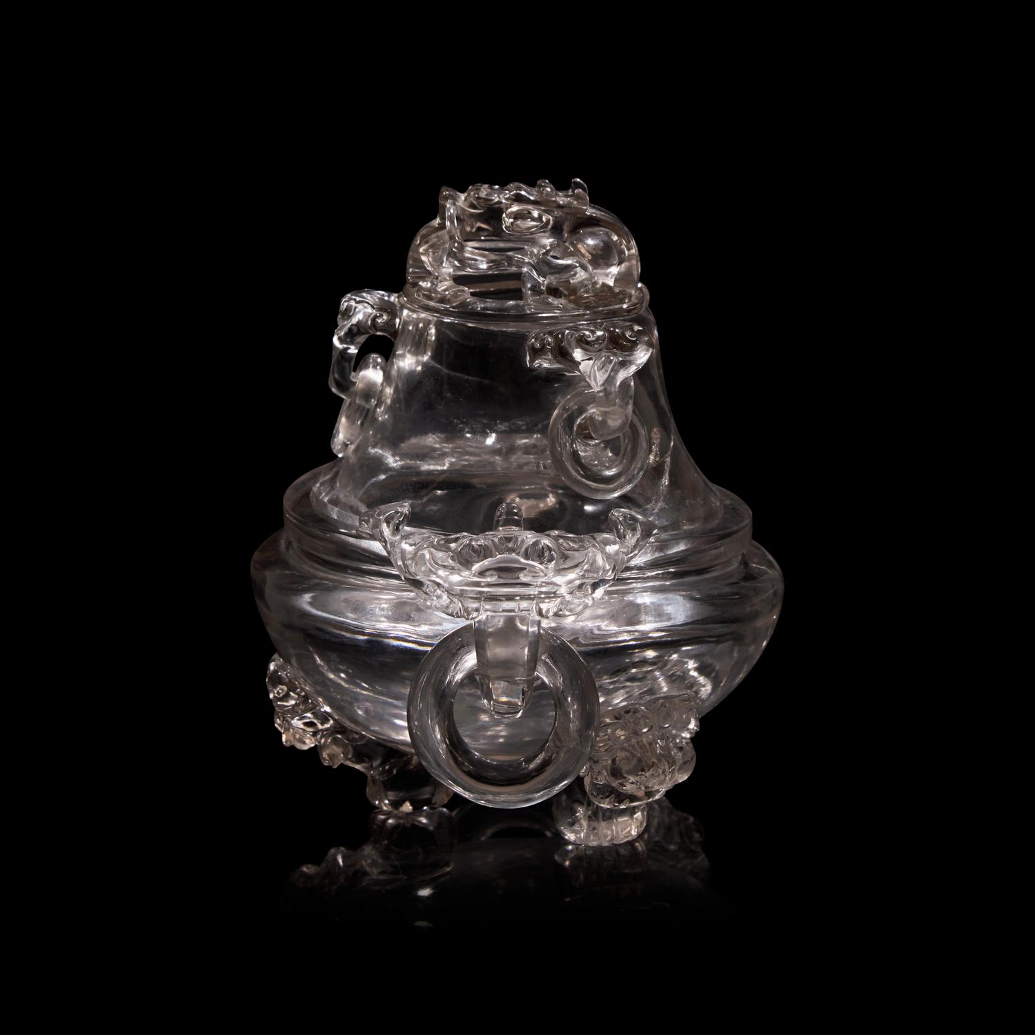A Chinese Rock Crystal Censer and Openwork Cover, Early 20th Century 晚清-民國 水晶鏤空龍紋銜環三足香爐