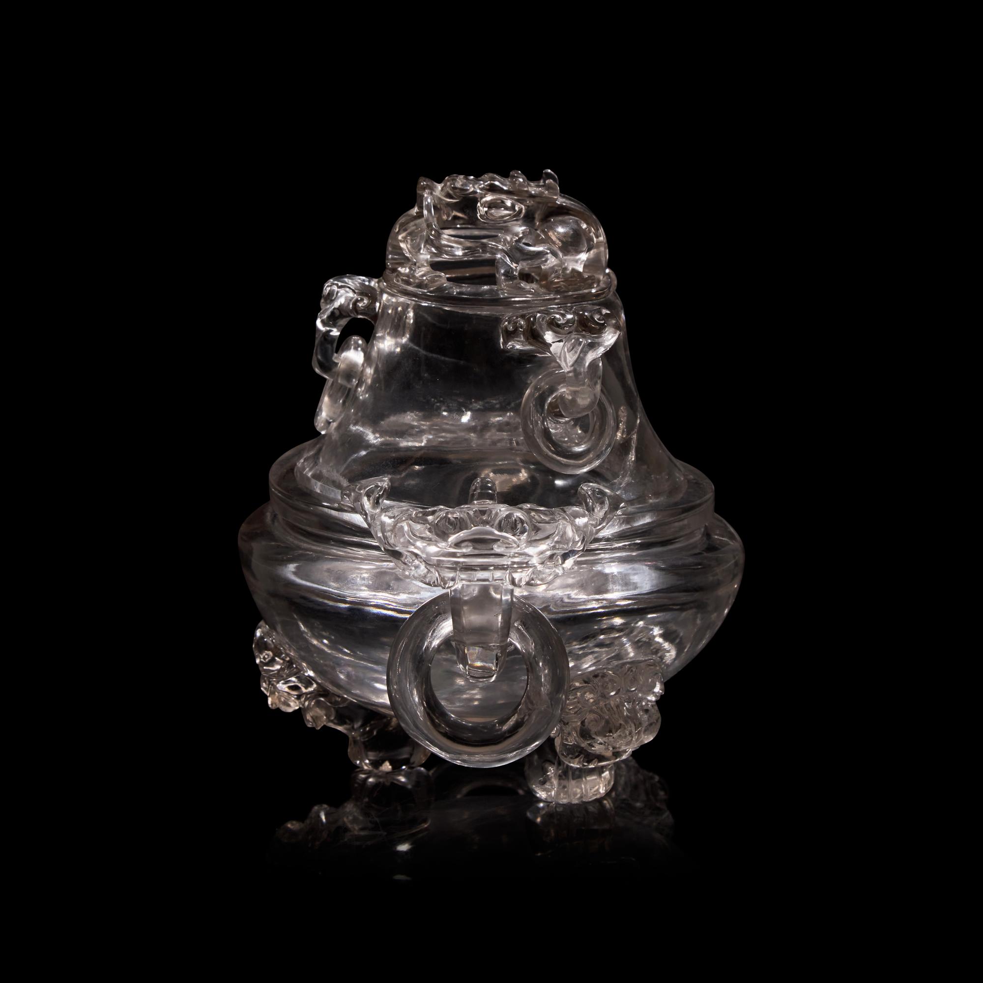 A Chinese Rock Crystal Censer and Openwork Cover, Early 20th Century 晚清-民國 水晶鏤空龍紋銜環三足香爐