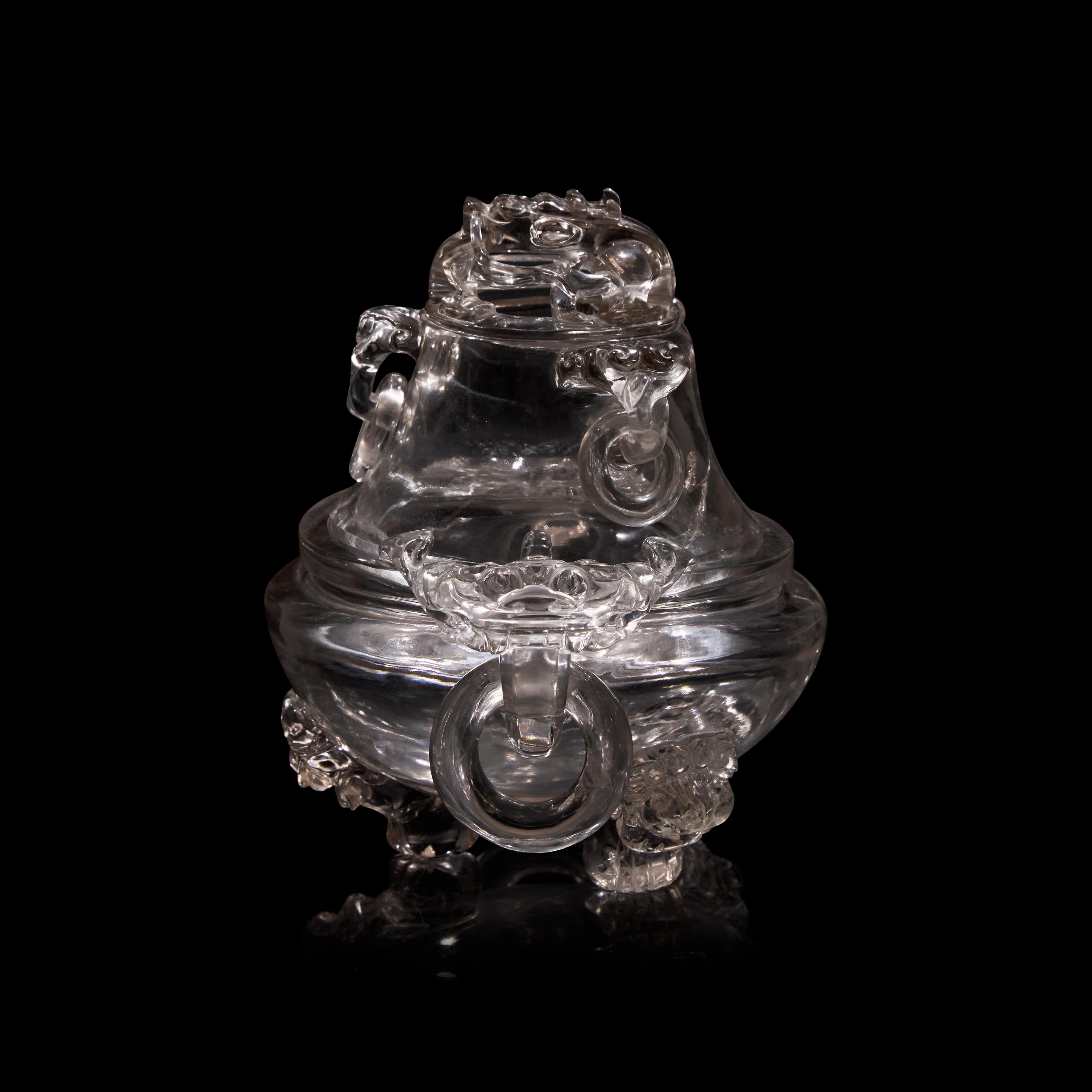 A Chinese Rock Crystal Censer and Openwork Cover, Early 20th Century 晚清-民國 水晶鏤空龍紋銜環三足香爐