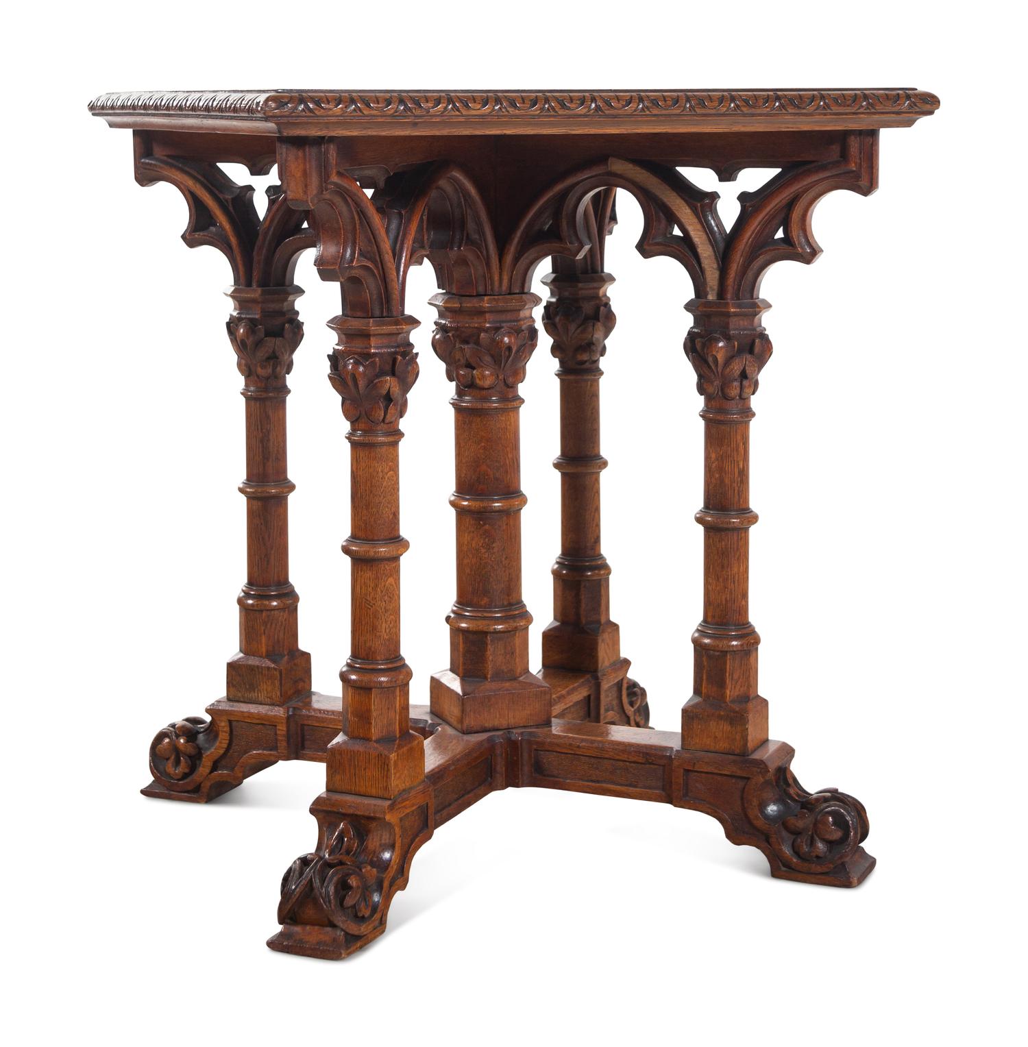 A Gothic Revival Walnut and Oak Parquetry Center Table by L. & S. Lövinson (German, active 19th Century)