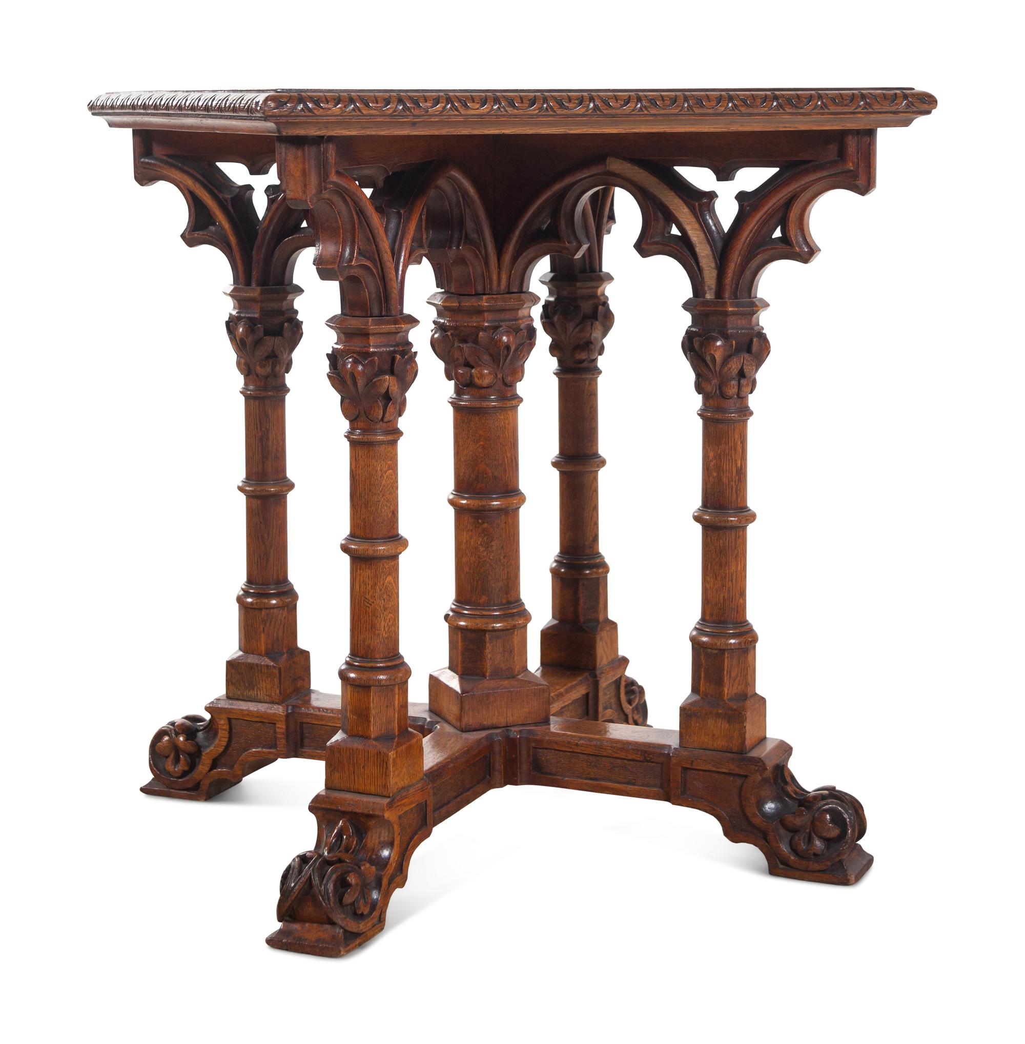 A Gothic Revival Walnut and Oak Parquetry Center Table by L. & S. Lövinson (German, active 19th Century)