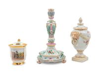 Two Berlin (K.P.M.) Porcelain Articles and a Meissen Painted and Parcel Gilt Candlestick