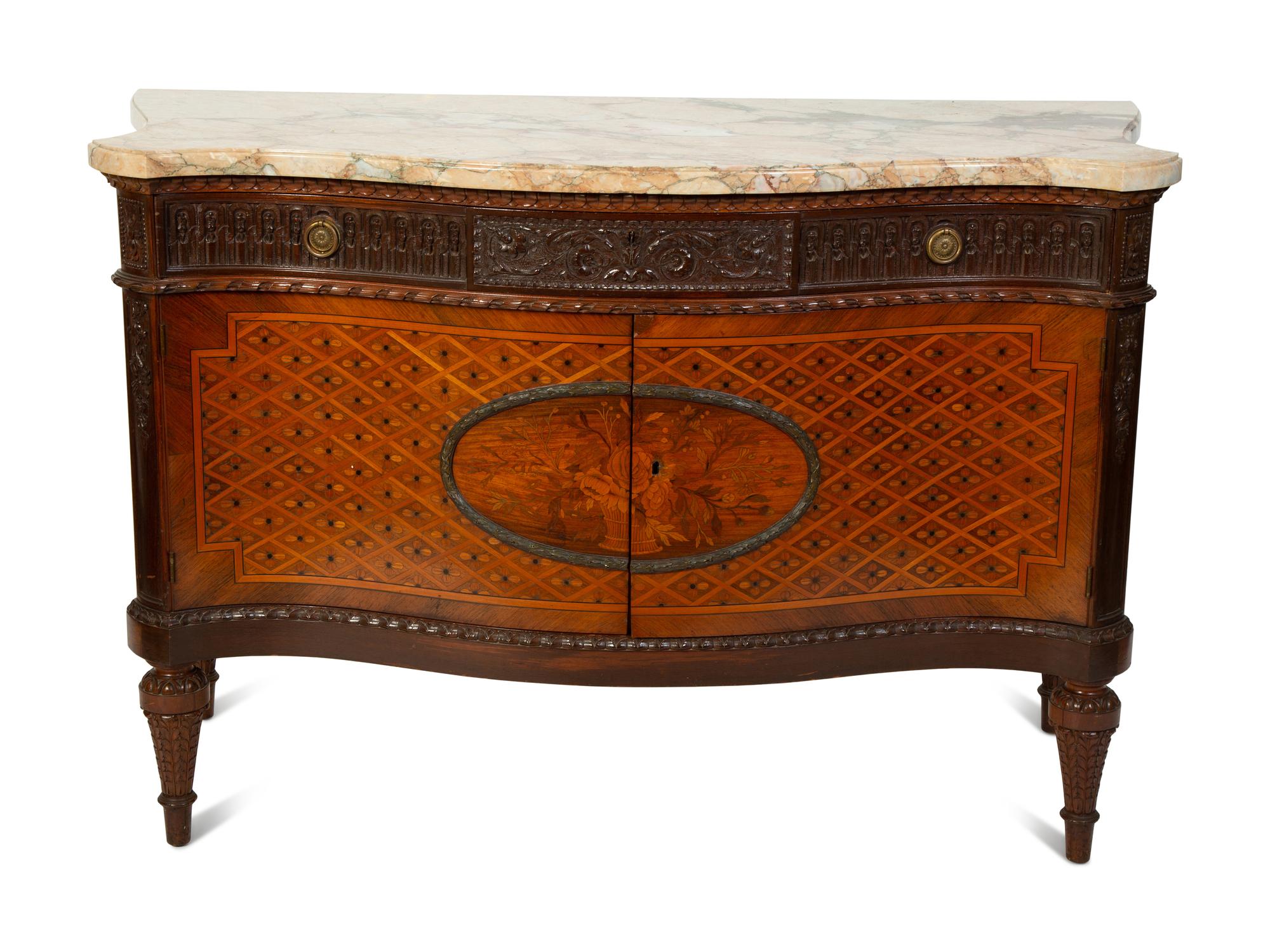 A Louis XVI Style Marquetry Inlaid Marble Top Cabinet — EARLY 20TH CENTURY
