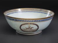 A Chinese Export Parcel Gilt and Grisaille Decorated Porcelain Punch Bowl