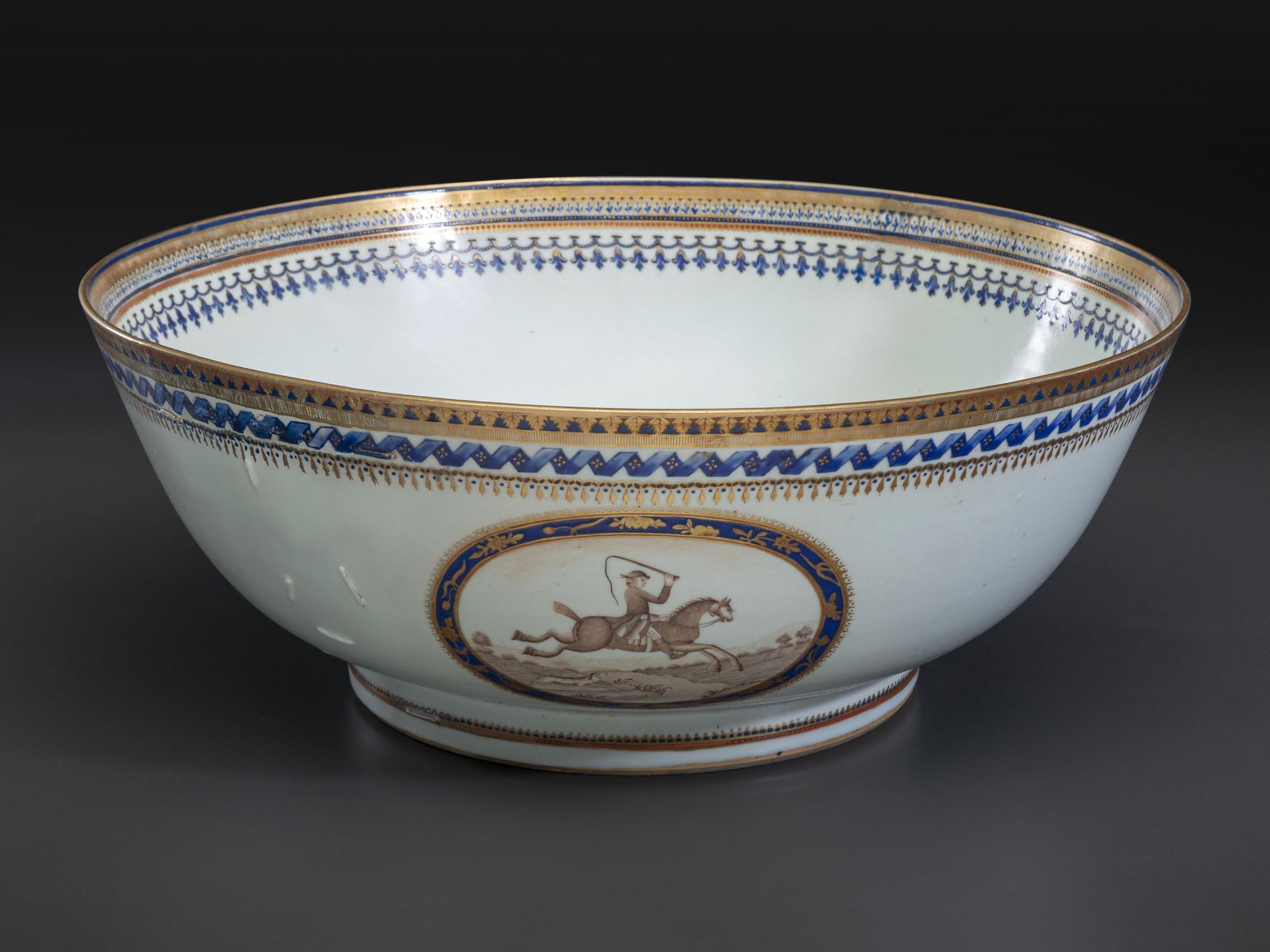 A Chinese Export Parcel Gilt and Grisaille Decorated Porcelain Punch Bowl
