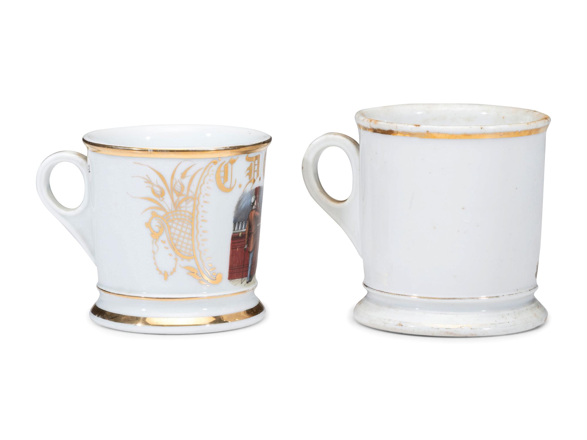 Two Porcelain Occupational Shaving Mugs with Draughtscenes