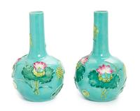 A Pair of Chinese Fahua Style Porcelain Bottle Vases