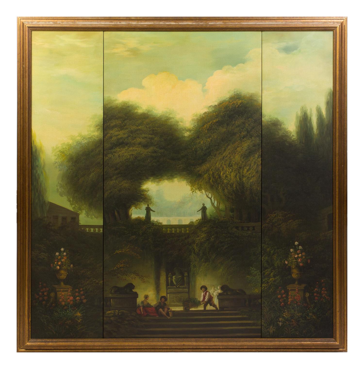 A Continental Three-Panel Painted Floor Screen, Height 59 1/4 x width 57 1/2 inches.