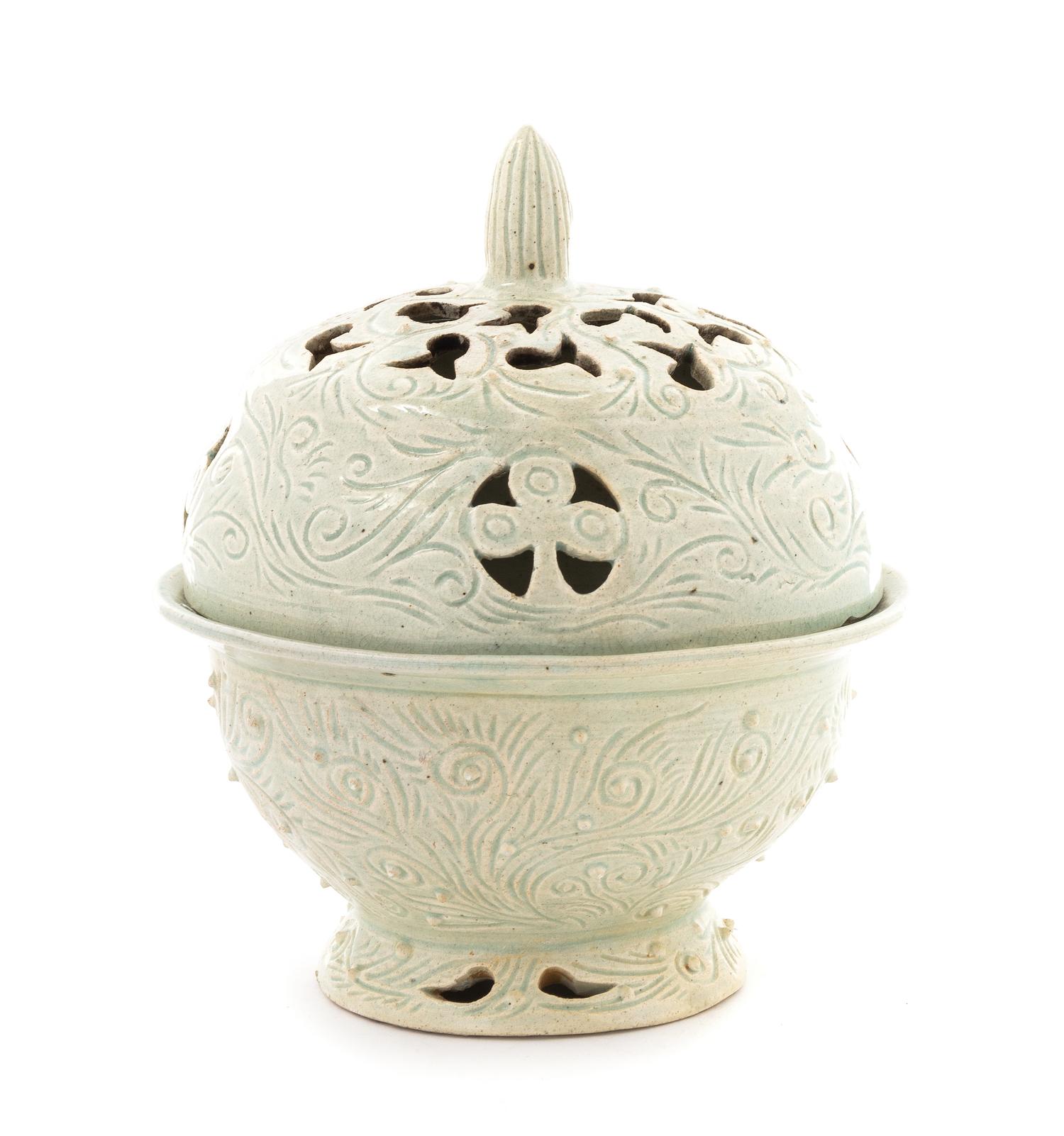 A Celadon Glazed Stoneware Censer Height 8 1/8 inches.