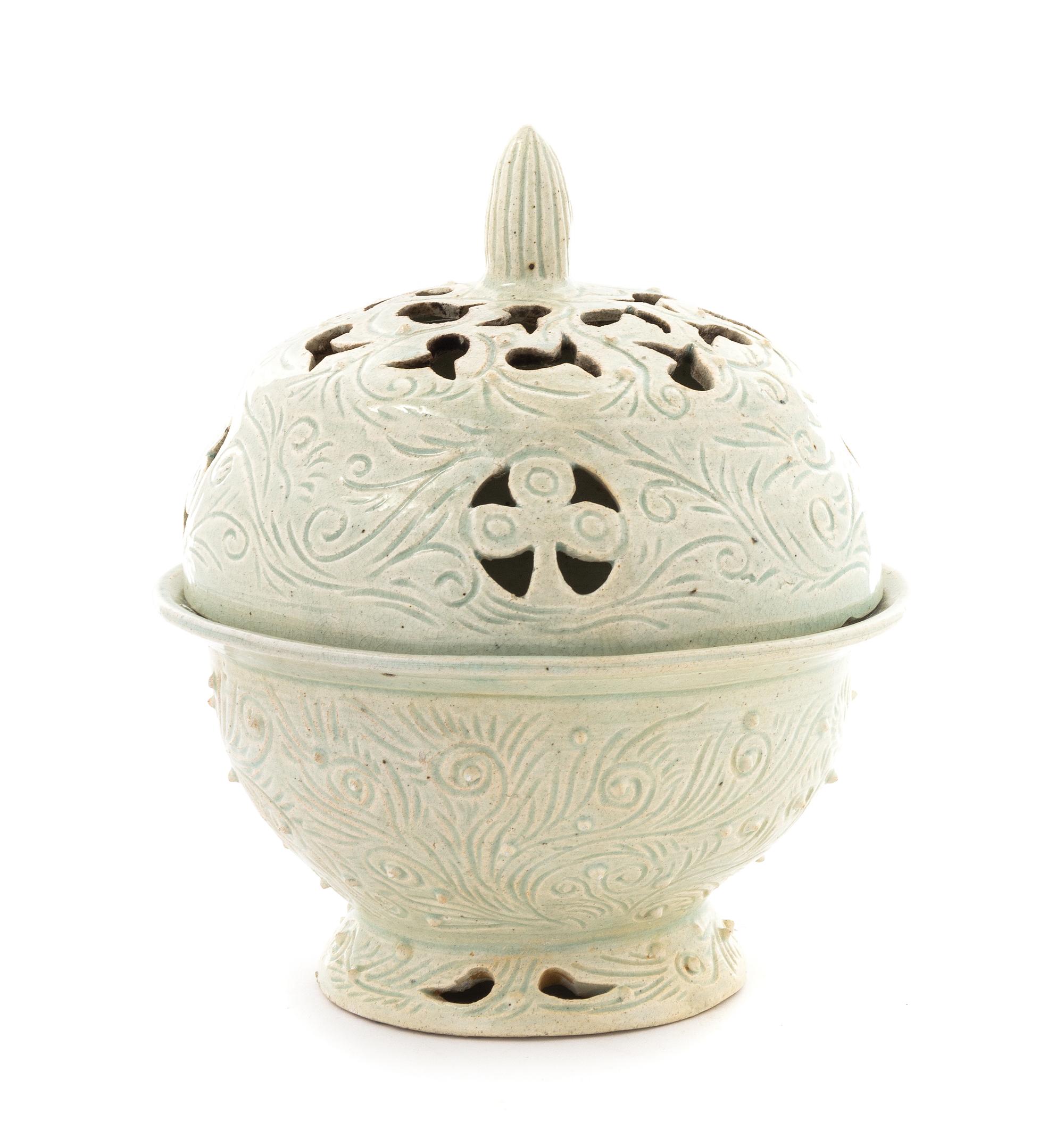 A Celadon Glazed Stoneware Censer Height 8 1/8 inches.