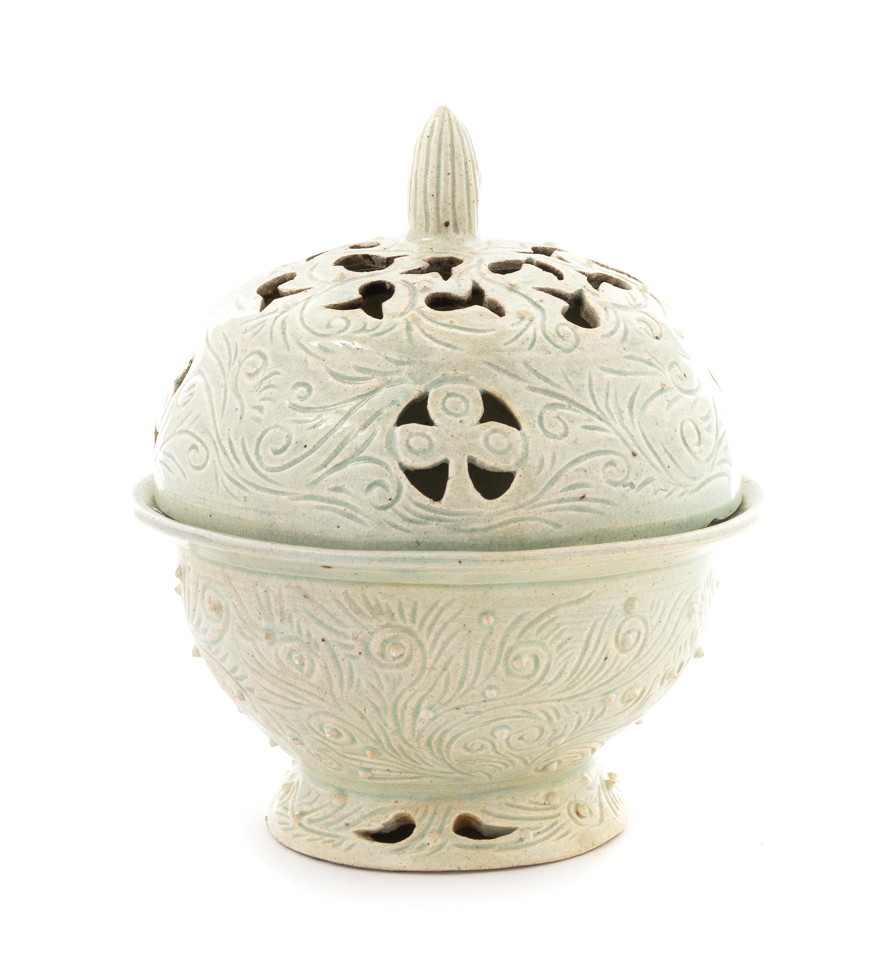 A Celadon Glazed Stoneware Censer Height 8 1/8 inches.